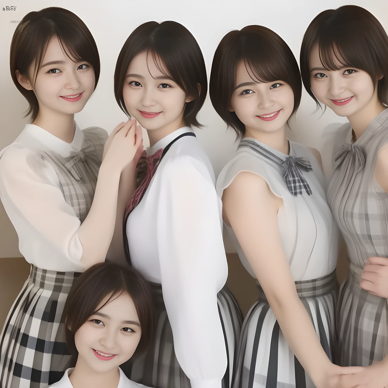 (masterpiece, best quality:1.2), High resolution, 1080P, 8K, 1girl, solo, ((Too beautiful three rich (young beauty & noble & gorgeous fashion magazine models))) are facing center. All the girls are noble, neat, intelligent and beautiful slender, maximum laughter of happiness, neat seducing uniform and skirt: 1.8), (Incredibly well organized pure white face, Glossy lips, Very long black beautiful straight hair like a hair model, Pure and clear wet eyes, (((Noble and neat and noble))) Japanese school uniform, (huge red glossy red ribbon bow-tie), girly & fluttering ((frilled gorgeous expensive white school blouse)), (puffed sleeves), (white cutest well-pleated noble (blue checkered dark-blue skirt)): 1.9) ,(beautiful legs, white socks and school loafers), (Using expensive face-whitening cosmetics to make her skin more beautiful and pure by professional makeup artist: 1.0), (The 3 neat beautiful girls know well about the viewer's super fetishism for school uniforms, and satisfies it completely with skirt: 1.0), (well detailed face and seducing eyes: 1.8), (All the girls are extending the hands to the center, and giving a material extreme happiness of beautiful hands and skirt: 1.5)