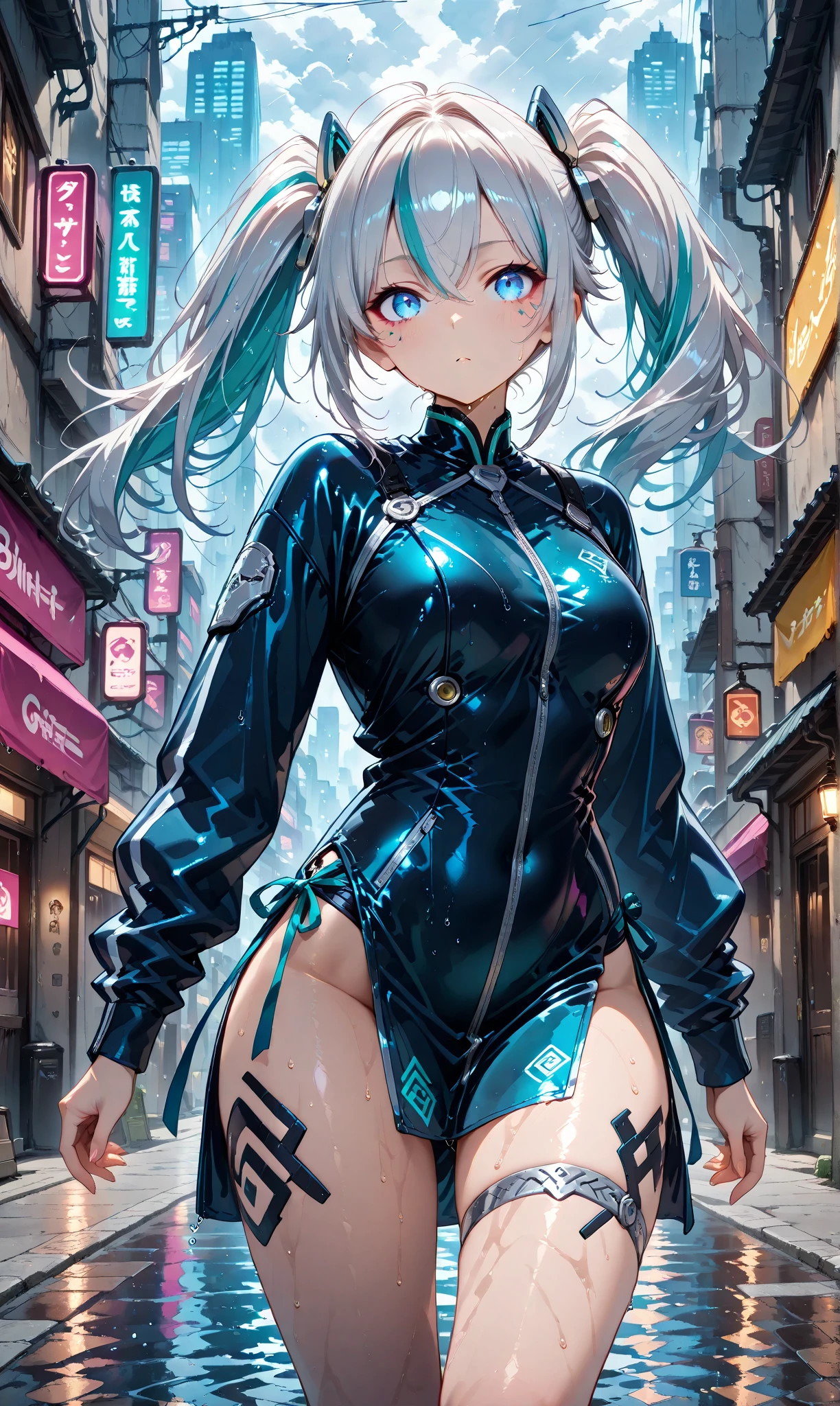 Adult Woman, Hatsune Miku, Dignified Face, ((Japanese Ninja)), ((Heavy cybernetic leotards)), Cyberpunk, High Heels, Masterpiece, Top Quality, Super Detailed, Dignified Face, Anime Visuals, Heavy Cybernetic Leotard, Science Fiction, Good _ Face: 0.8
