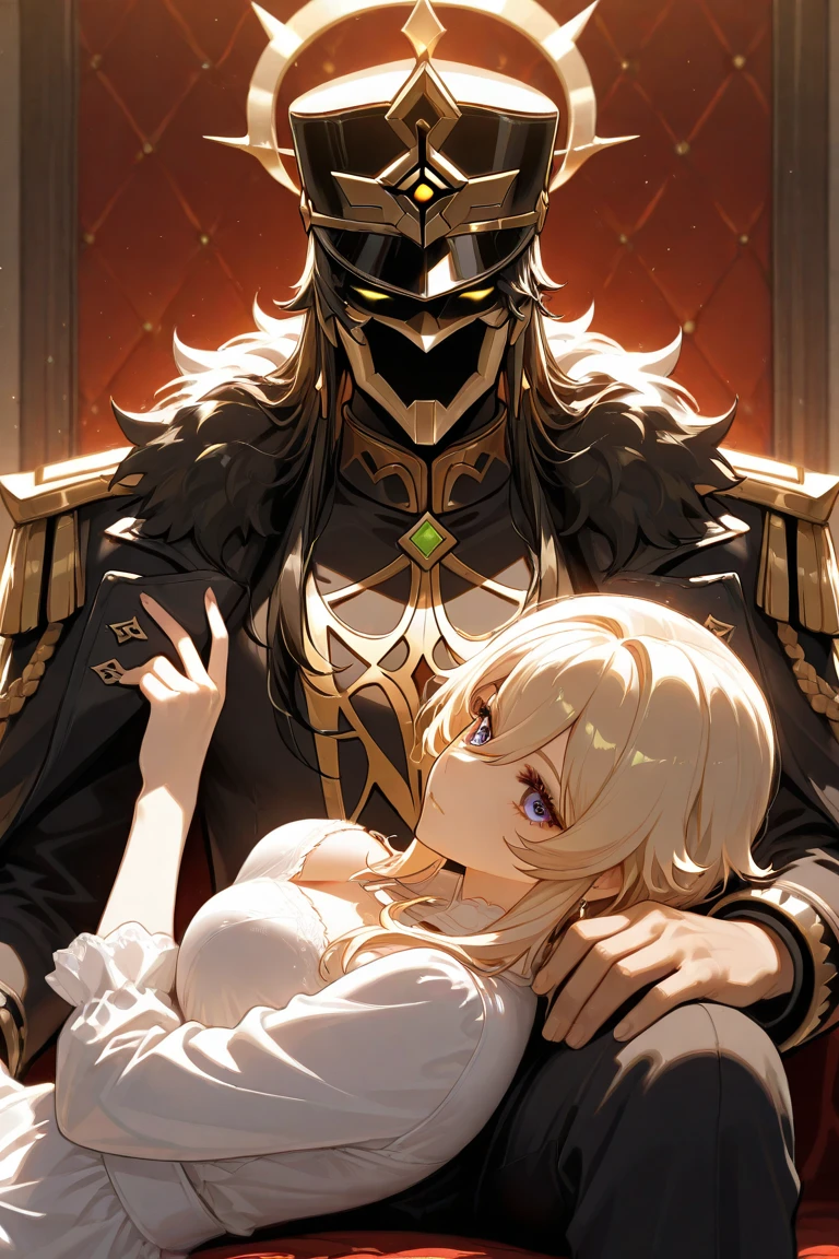 ((Highest quality)), ((masterpiece)), (detailed), (Perfect Face)、The woman is Princess Leona, with medium-long light brown hair, wearing a shiny, flashy, sexy, revealing black dress bodysuit, an open-front skirt, a cape, a headgear, lipstick and makeup, and is an evil female executive who is standing next to a man who is the dignified demon lord of an evil organization.、Women are brainwashed, expressionless, and have no highlights in their eyes.、The woman is being held close by a powerful man who is the demon king of an evil organization.、A powerful demon king of an evil organization is sitting on a luxurious sofa, embracing and kissing a woman and showing her affection.