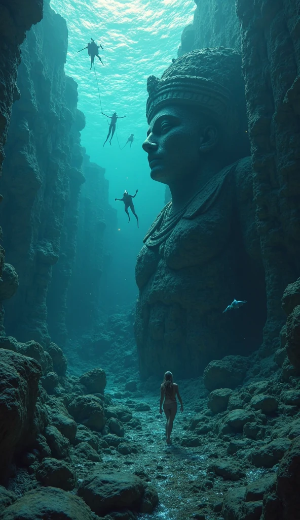Jane Mansfield (Scuba diver, air tank, itty bitty bikini) is deep underwater, large kelp grows near a ancient sunken Buddha Statue, ruins nearby, lots of light distortion like rippling water