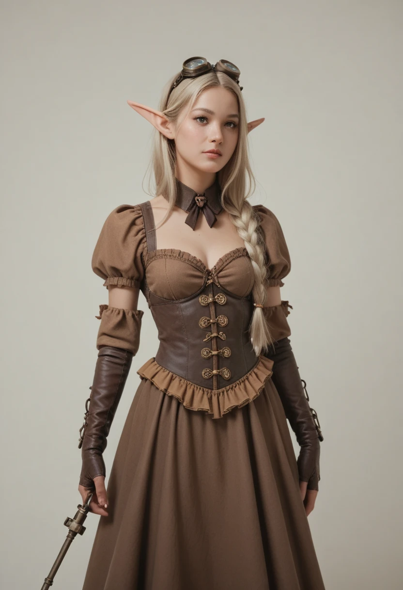 masterpiece, hyper realistic, detailed, best quality, award-winning photo, gorgeous sexy elven woman, elf, elven, darker olive skin tone, dark brown hair in side braid, attentive expression, subtle grin, four breasts, steampunk ballroom, steampunk party, wearing elegant 1900s ball dress, dress, ball dress, stunning cocktail dress, 4 small breasts, super detailed, beautiful and aesthetic, beautiful, masterpiece, best quality, raw, masterpiece, super fine photo, best quality, super high resolution, photorealistic realism, dynamic pose, vibrant eyes, (from the front), detailed face, detailed complex busy background, elegant, highly detailed skin, realistic skin details, sharp focus, 8k uhd, DSLR camera, high quality, photo realism, steampunk city, translucent, full body,