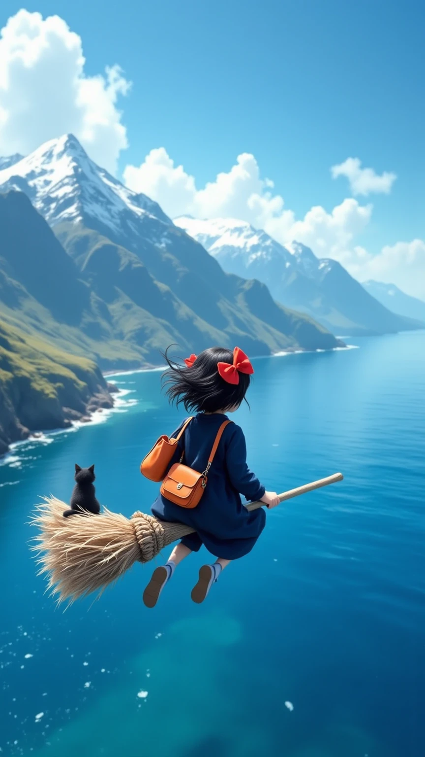 dutch angle, the whole lens is tilted,In the foreground is a girl flying on the surface of the sea with a broom, shoulder-length black hair flutters in the wind, Wearing a big red bow on her head, wearing a dark blue dress, Carrying a cute orange shoulder bag,On the broom sits a black cat。
The middle ground is a tranquil blue sea below, The sea reflects the sky and the surrounding scenery。There is a town next to the sea,The view is rolling mountains and a vast sky., clear layers of mountains,The top of the mountain is covered with snow,The mountainsides and foothills are missing vegetation exposing large areas of boulders, blue sky , floating white clouds, distant view uses the principle of perspective, The mountain and sky elements become smaller as the distance increases、Lightened,Contrast with the foreground、 mid-ground, highlight the sense of spatial hierarchy。
Composition, a diagonal composition is used , the coastline is in one-third of the picture, the direction of the girl's flight is the sea、 The coastline of the hillside forms a diagonal line, The picture is divided by 30 degrees by the straight coastline, the sea is at the bottom of the picture, the upper part is the coast and the sky, deep sense of spatial hierarchy, bright and vivid visual effects,High Saturation,high contrast,ultra accurate。