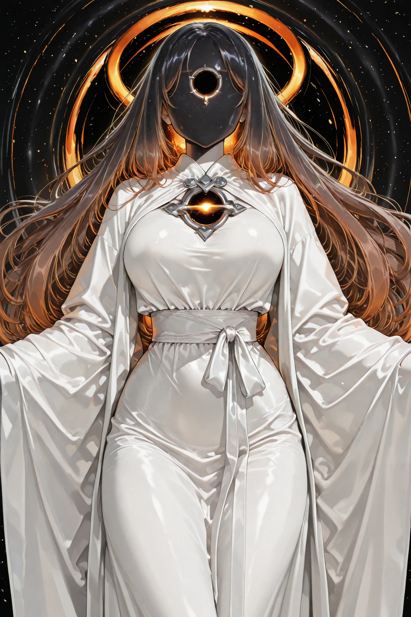 ((no head, Instead of a head, a Black hole)), Hand and silver jewelry. white Greek robes, private places are covered. They emit orange light inside the tape. Gradation. halo. goddess.  divine . Gray Aurora. high resolution. Cosmic Horror. Personification of space. hands and legs are beautiful, and within it, the Milky Way and the like are in harmony. huge growth, Her body ends in black, has the same body and big breasts, and her heart shines with a circular Orange light in the center of her chest. Her whole body is covered in light, surrounded by hundreds of millions of rotating circular light strips, to protect her, her model, Sparkling, like the vast Universe. Life is created there, where light passes. Her arms are wrapped in sacred cloth, particles, flowing through light, trapezoidal and emphasizes their beauty. transcendental, in the middle of space . 