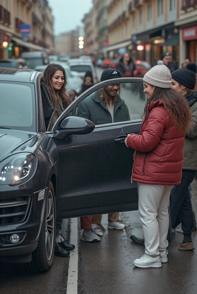 a blond and shorthaired german boy in a grey matte wool pullover and matte blue jeans is standing close with a longhaired and attractive and extremely made up ukrainian woman in a high shine wetlook laquered downcoat, a longhaired and attractive and extremely made up ukrainian woman in a high shine wetlook laquered downcoat is hugging and kissing and fingering with passion her blond and shorthaired german boyfriend in a grey matte wool pullover and matte blue jeans, love scene, erotic action, fingering, kissing, hugging, orgasmic faces, screaming in orgasm, cumming, moaning with pleasure, groaning with pleasure