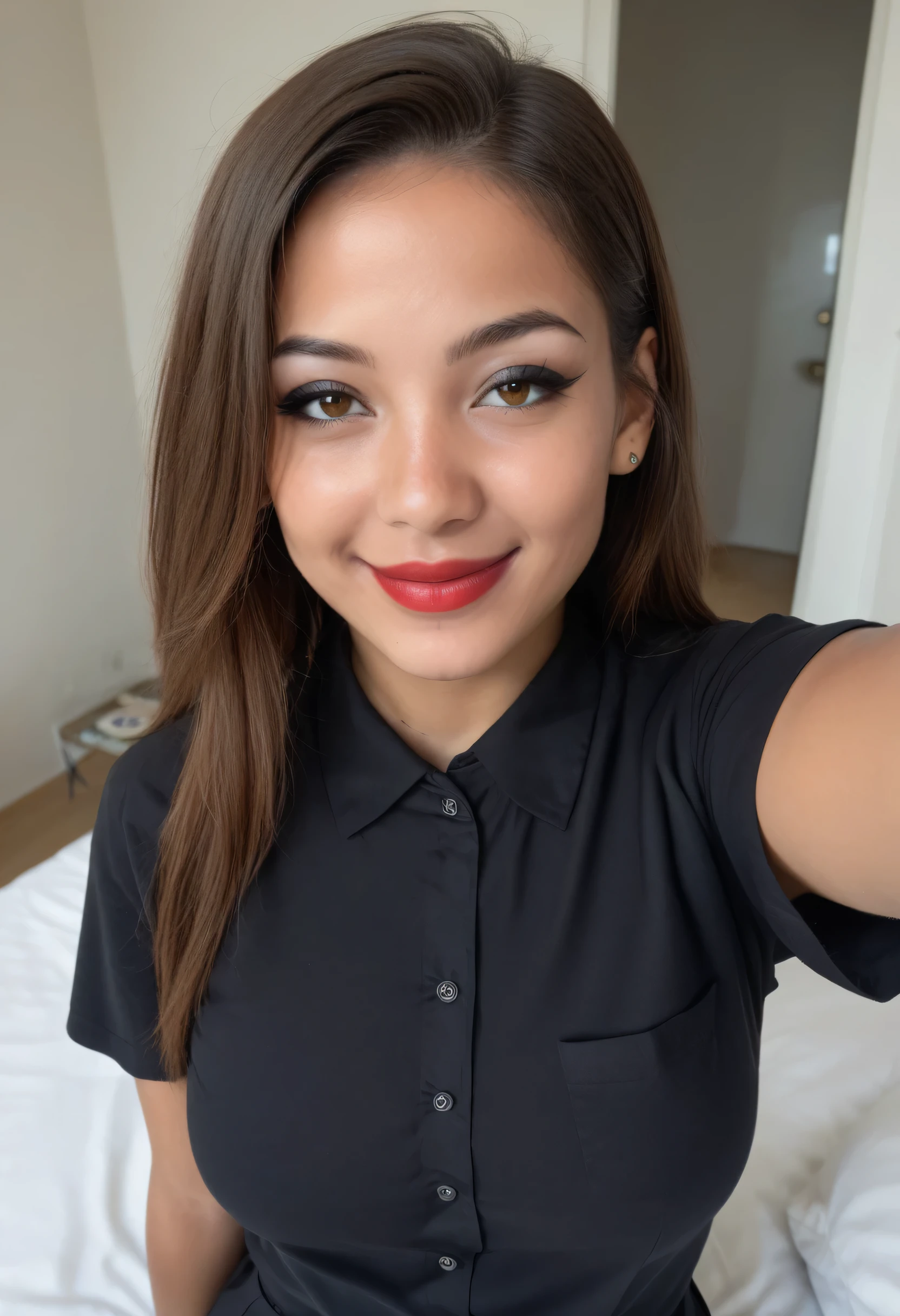 Mexican brunette woman, tan brown skin , 1,Look from 25 years tall, straight and long brown hair, medium breasts, pinched eyes, Tune, curvy body, Wearing a black dress shirt with a black button, taking a selfie, black eyeliner, black eye shadow, red lipstick, beautiful smile