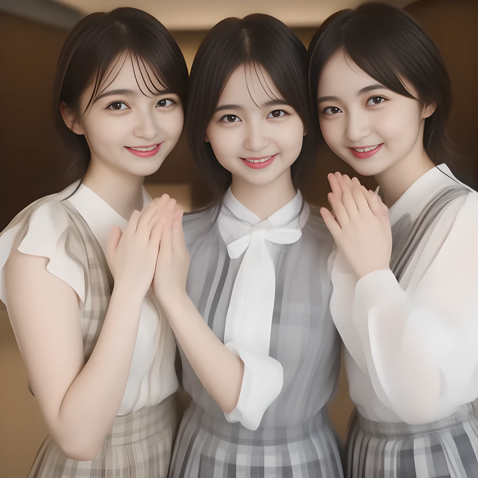 (masterpiece, best quality:1.2), High resolution, 1080P, 8K, 1girl, solo, ((Too beautiful two rich (young beauty & noble & gorgeous fashion magazine models))) are facing center. All the girls are noble, neat, intelligent and beautiful slender, maximum laughter of happiness, neat seducing uniform and skirt: 1.8), (Incredibly well organized pure white face, Glossy lips, Very long ((pony-tail black beautiful hair)) like a hair model, Pure and clear wet eyes, (((Noble and neat and noble))) Japanese school uniform, (huge red glossy red ribbon bow-tie), girly & fluttering ((frilled gorgeous expensive white school blouse)), (puffed sleeves), (white cutest well-pleated noble (blue checkered dark-blue skirt)): 1.9) ,(beautiful legs, white socks and school loafers), (Using expensive face-whitening cosmetics to make her skin more beautiful and pure by professional makeup artist: 1.0), (The 3 neat beautiful girls know well about the viewer's super fetishism for school uniforms, and satisfies it completely with skirt: 1.0), (well detailed face and seducing eyes: 1.8), (All the girls are extending the hands to the center, and giving a material extreme happiness of beautiful hands and skirt: 1.5)