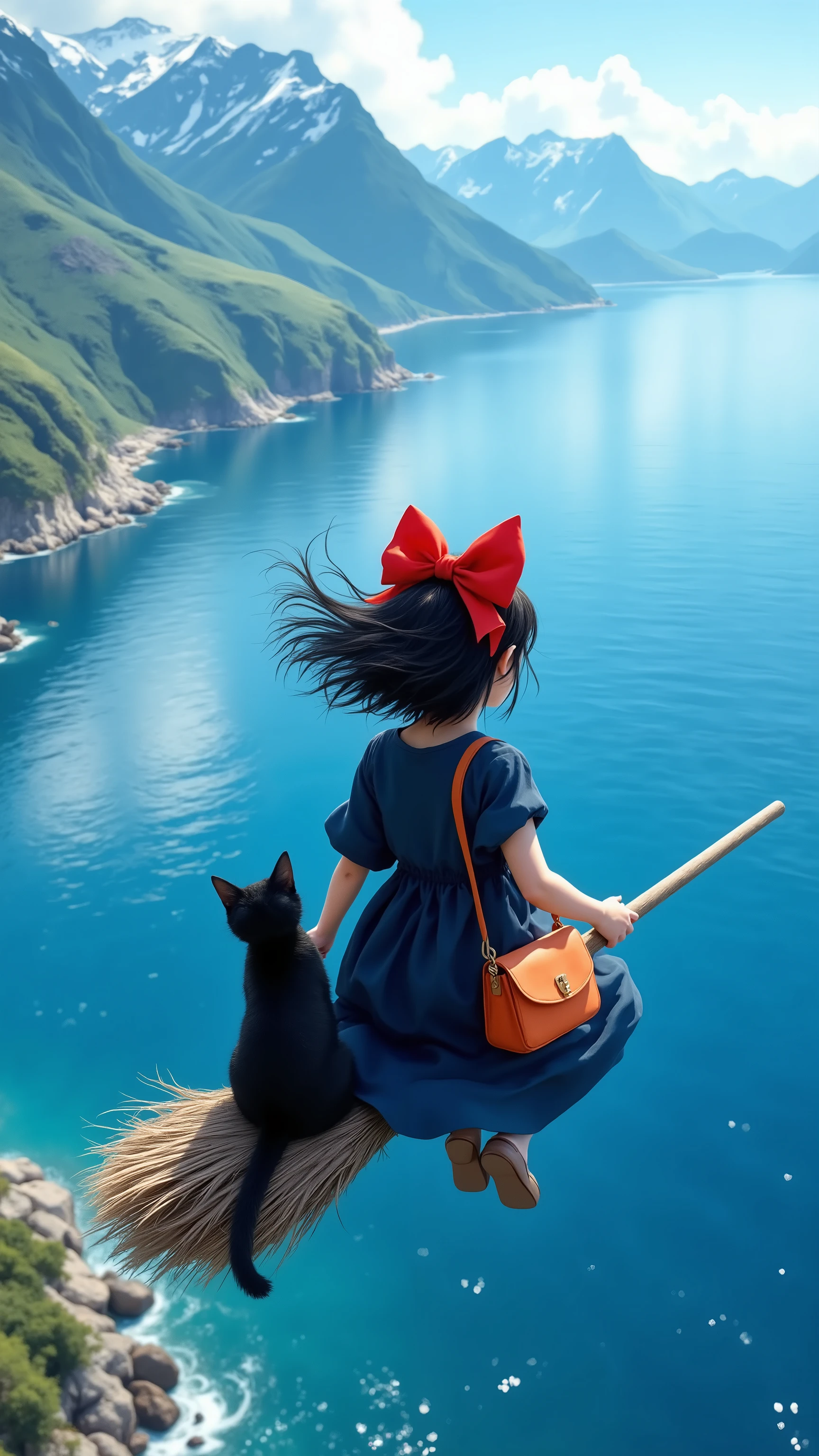 dutch angle， the whole lens is tilted， The foreground is a girl flying on a broom on the sea， shoulder-length black hair flutters in the wind， Wearing a big red bow on her head， wearing a dark blue dress， Carrying a cute orange shoulder bag，On the broom sits a black cat。
 The middle ground is a tranquil blue sea below， The sea reflects the sky and the surrounding scenery。 The distant view is the rolling mountains and the vast sky， clear layers of mountains，The top of the mountain is covered with snow， The mountainside and the foot of the mountain are sparsely covered with vegetation and large areas of bare rocks， blue sky ， floating white clouds， distant view uses the principle of perspective， The mountain and sky elements become smaller as the distance increases、Lightened，Contrast with the foreground、 mid-ground， highlight the sense of spatial hierarchy。
Composition， a diagonal composition is used ， the coastline is in one-third of the picture， the direction of the girl's flight is the sea、 The coastline of the hillside forms a diagonal line， The picture is divided by 30 degrees by the straight coastline， the sea is at the bottom of the picture， the upper part is the coast and the sky， deep sense of spatial hierarchy， bright and vivid visual effects，High Saturation，high contrast，ultra accurate。