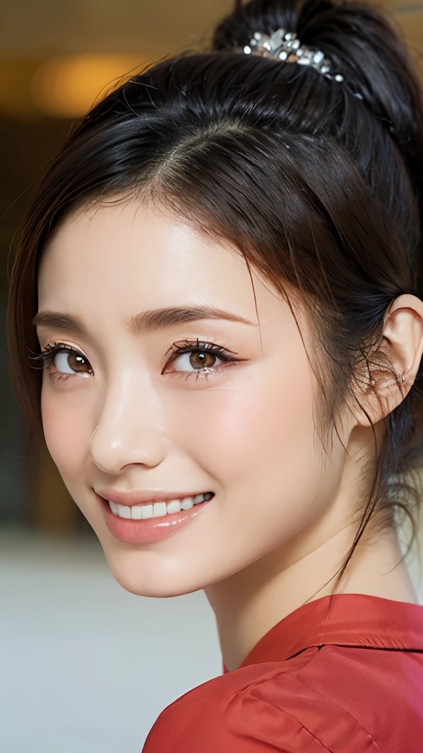 (masterpiece:1.3), (In 8K、ultra high definition、Ultra-fine、Ultra HD、超realisticな、best quality), (realistic - photo ), High Definition RAW Color Photos, pro pics, Natural sunlight, Soft Shadows, (realistic: 1.4), 30歳の women play 、1 person, 画面内に women play 、1 personだけいる, (high definition face and skin texture, beautiful eyes, shiny skin, oily skin, Strong gloss), PERFECT ANATOMY, posters, Volume Lighting, (face close-up:1.1), charming face, (Makeup is、none), women play 、has a smiling expression, (staring at the viewer), glares at viewers, beautiful alignment of teeth, Anatomically correct tongue, ( open your mouth:1.2), detailed eyes, beautiful eyes, dark eyes, ( shining eyes), Black eyelashes, Detailed eyelashes, black glasses, Silver glasses, black hair, short hair, (ponytail), tied hair , detailed hair , beautiful hair, (Wear a hair ornament on your head), hair accessory, anatomically accurate neck, natural short neck, Natural, not long neck, black underwear, red casual jacket
