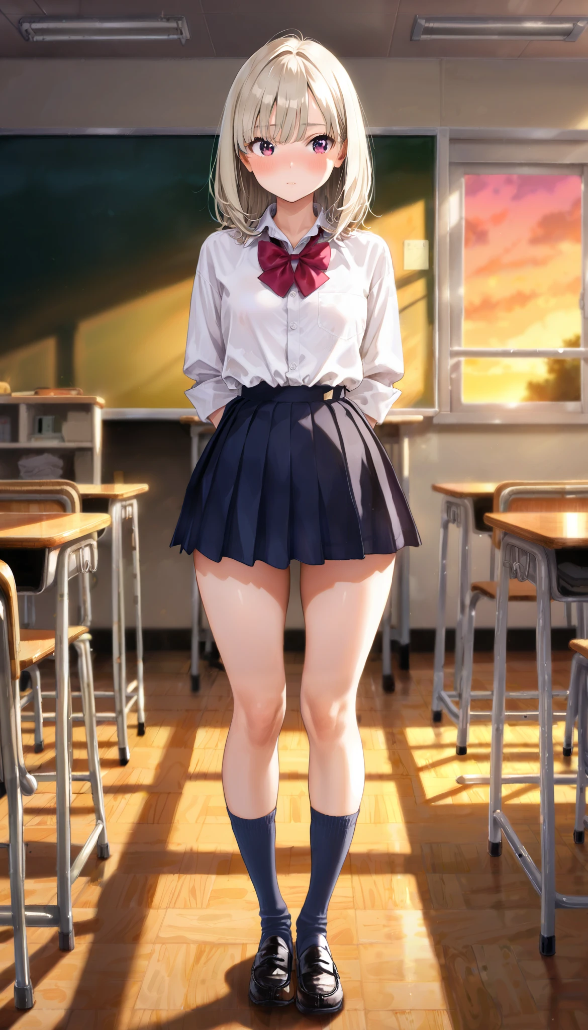 ((1 girl))、smile、small breasts、(cowboy shot)、(cardigan)、(blonde)、blush、(single braid)、(eye highlights:1.3)、blake black footwear,(黒いskirt)、bow, button, shirt with collar, long sleeve, ((red bow tie, , black jacket, open jacket, 茶色のcardigan, white shirt, 黒のskirt, チェック柄のskirt、white socks)),, shirt,, skirt, socks, thighs, white shirt, rest indoors, ((classroom:1.5))、 BREAK While watching the audience、(skirtを掴む:1.0)、 (perfect hands, perfect anatomy),cowboy shot、(skirt lift:1.3), (Pull Panties)、((shaved pussy:1.5))、(skirt that rolls up:1.3)、(Highly detailed labia fully exposed:1.5)、(blue eyes)、