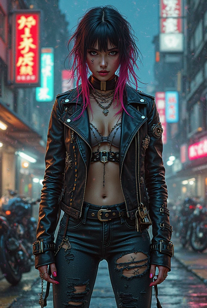 a striking punk girl embodying fierce individuality, envision her with ripped stockings, black boots, piercings, tattoos, and vibrant, unconventional hair, 8K resolution with hyperrealistic rendering, emphasizing hyper details and incorporating advanced ray tracing techniques, nuanced textures and lighting in her punk-inspired attire and accessories