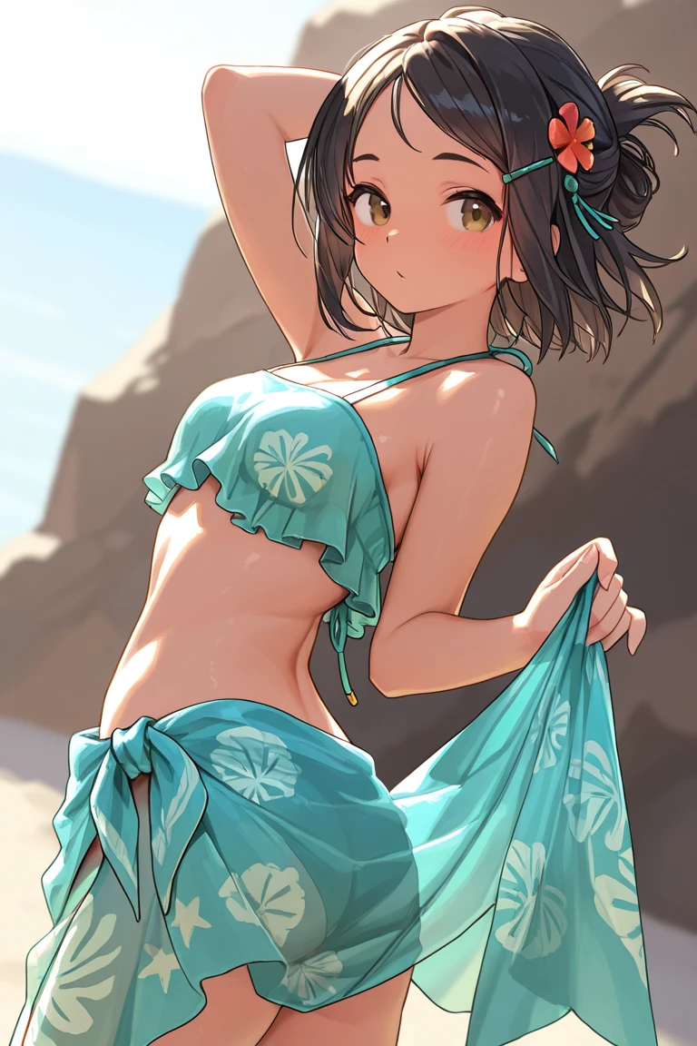 (masterpiece、Highest quality、Highest quality、Official Art、Beautiful and beautiful:1.2)、(One girl:1.3)Hatsune Miku、Twin tails,Beautiful breasts, Katsushika Hokusai, 1 girl, (alone:1.5), Nadia La Arwall, Outdoor, blue sky, cloudy, Very detailed, 8k, masterpiece世界劇場, Textured skin, Beautifully detailed face, Beautiful attention to detail, Zhou Haoguang, Realistic Shadows, Beautiful fine pupils, cute, One girl, alone, Green Eyes, Dark Skin, short hair, belly button, Bandeau, Best, bracelet, Earrings, hair ornaments, Loincloth, Exposing shoulders, necklace, necklace, On all fours, Ass Cowboy Shot, From behind
