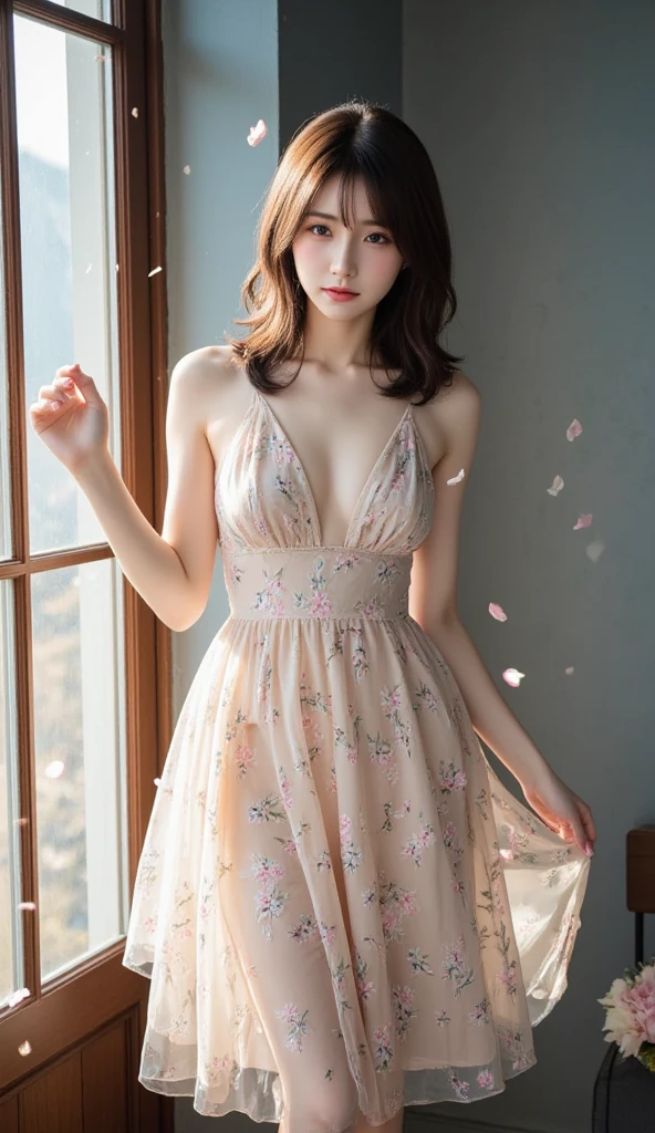 top-quality、masterpiece、超A high resolution、(Photorealsitic:1.5)、Raw foto、1girl in、murky、deep-shadows、Unobtrusive、cold light、sexy appearance、shorth hair、((very_short_hair))、((Luxury evening dresses))、((Luxurious painting))、((Luxurious necklace))、((Floral hair ornament))