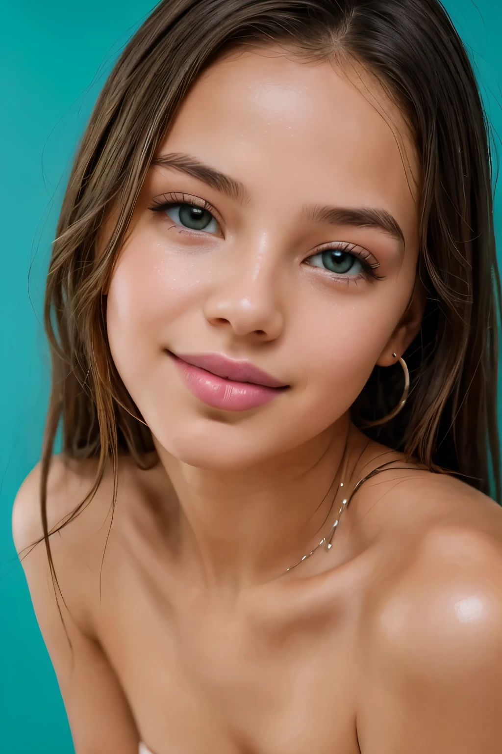 beguiling depiction of a pretty girl, young face, Focus on the collarbones, Shoulder, shiny lips, Tween, beautiful, high quality, masterpiece, photorealistic, studio lighting, detailed facial features, Peaceful expression, charming posture, lush surroundings , soft natural light, dreamlike atmosphere, professional photography, kinematic color correction , warm tones, glowing skin , full body image, flat turquoise studio background, beautiful studio light,