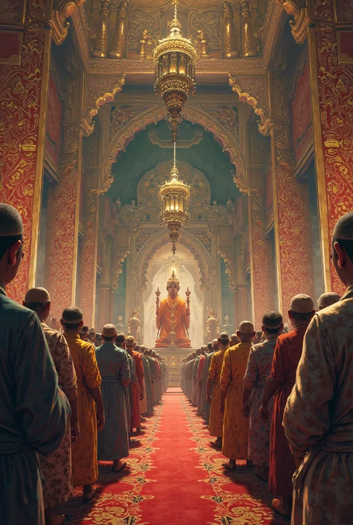 Arrival of the Lion Cage at Akbar’s Court
Illustrate the lion cage being delivered to Akbar’s court with courtiers looking anxious and some hiding behind pillars.