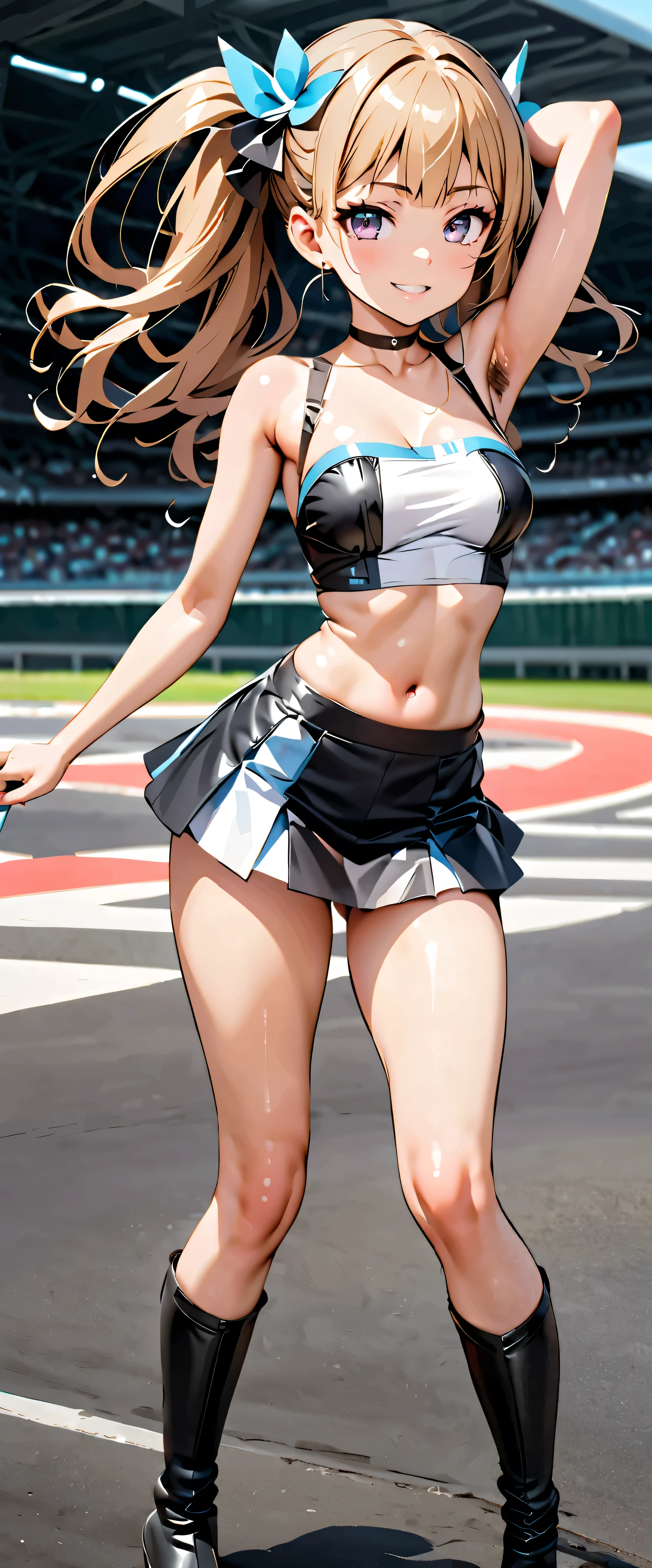 highest quality, Ultra High Resolution, One person, SMALLE BREASTS, black choker, smile, exposes shoulders, focus only , viewers,Fair skin,Car racing track,photon mapping, physically-based rendering, RAW photos , very detailed background, K-pop Idol ,depth of field,hair ornaments close to the garden,detailed face, glowing skin, game cg,full body, shiny micro tight miniskirt,shiny micro tube top, shiny long boots ,race queen,Sexy Poses,holding a flag,Gloss Lip