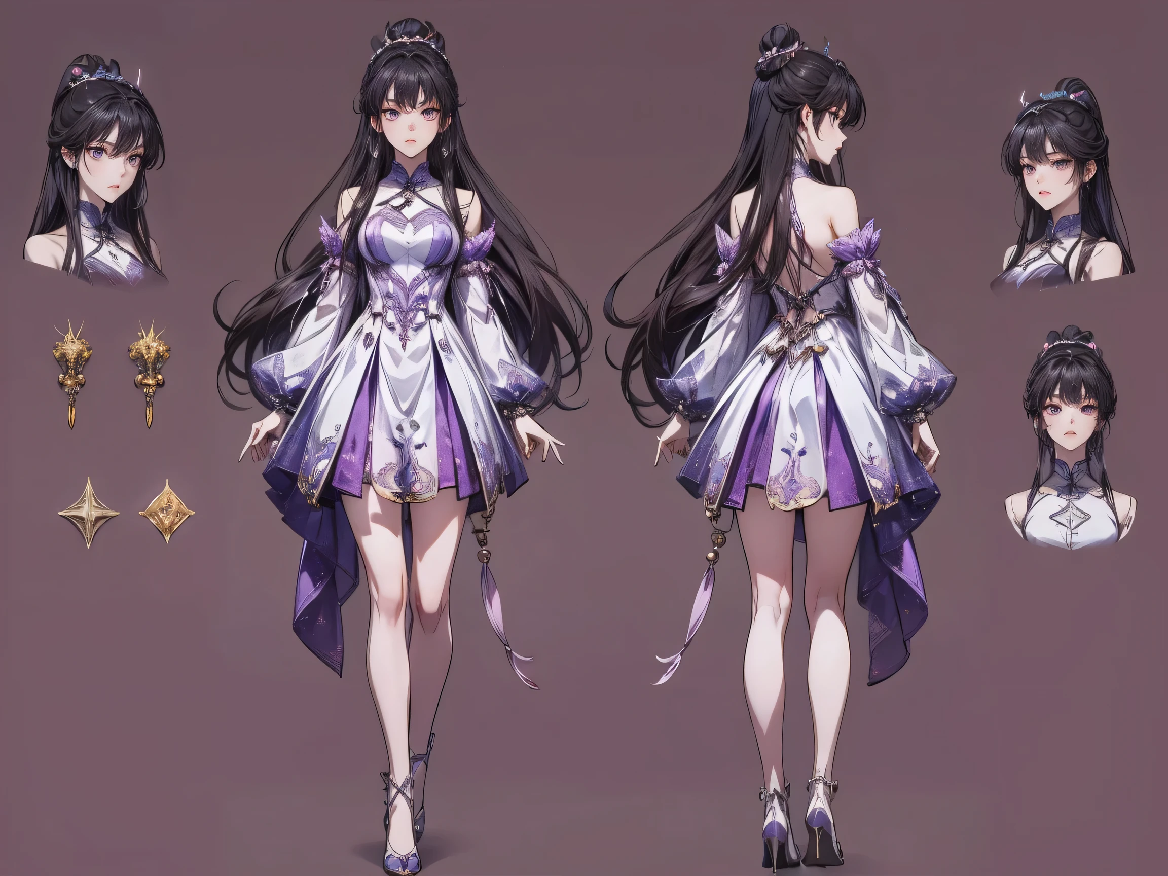  Masterpiece , best quality,  1 Xiao Wu ,  Face Color Looks Cool ,  Strong, Golden Left Eye , Red Right Eye , Long hair, Black hair,  Firm Eyes ,  Simple Uniform ,  Black Long Earrings ,  Chinese ,  Front, back, left, right Photo ,  simple background,  purple Background , Anime, illustration, Full body , bun hair , tiny girl , purple eyes , short , character sheet , detail dress , pink