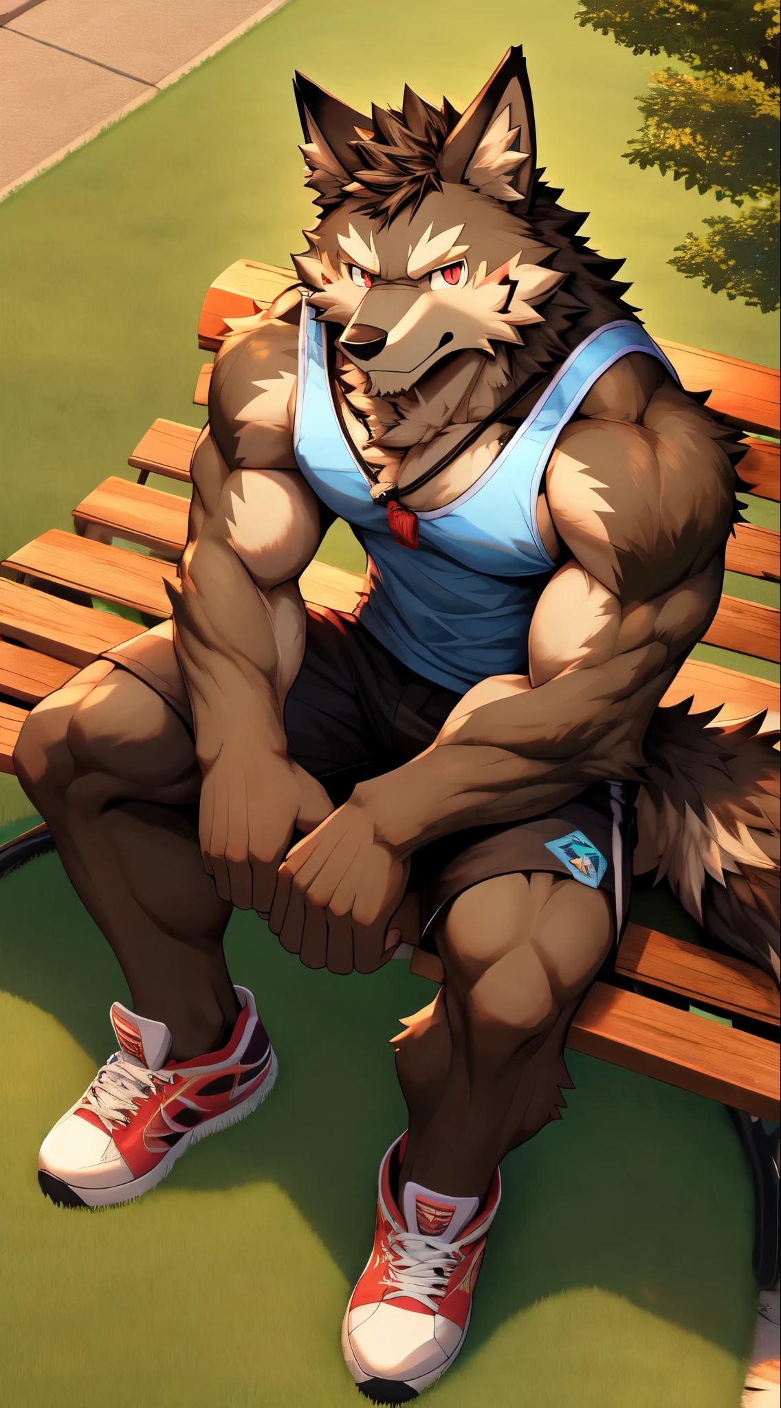 hi-res, good graphics, great anatomy, anatomically correct, detailed body, digital art, wolf, character design, body type: twink/underweight, wearing: nothing, background: outdoor playground, (artists: syuro, yupa, puggy), NSFW, balls, sheath, character info (age: 8, name: Kevin, fur color: brown and gray)