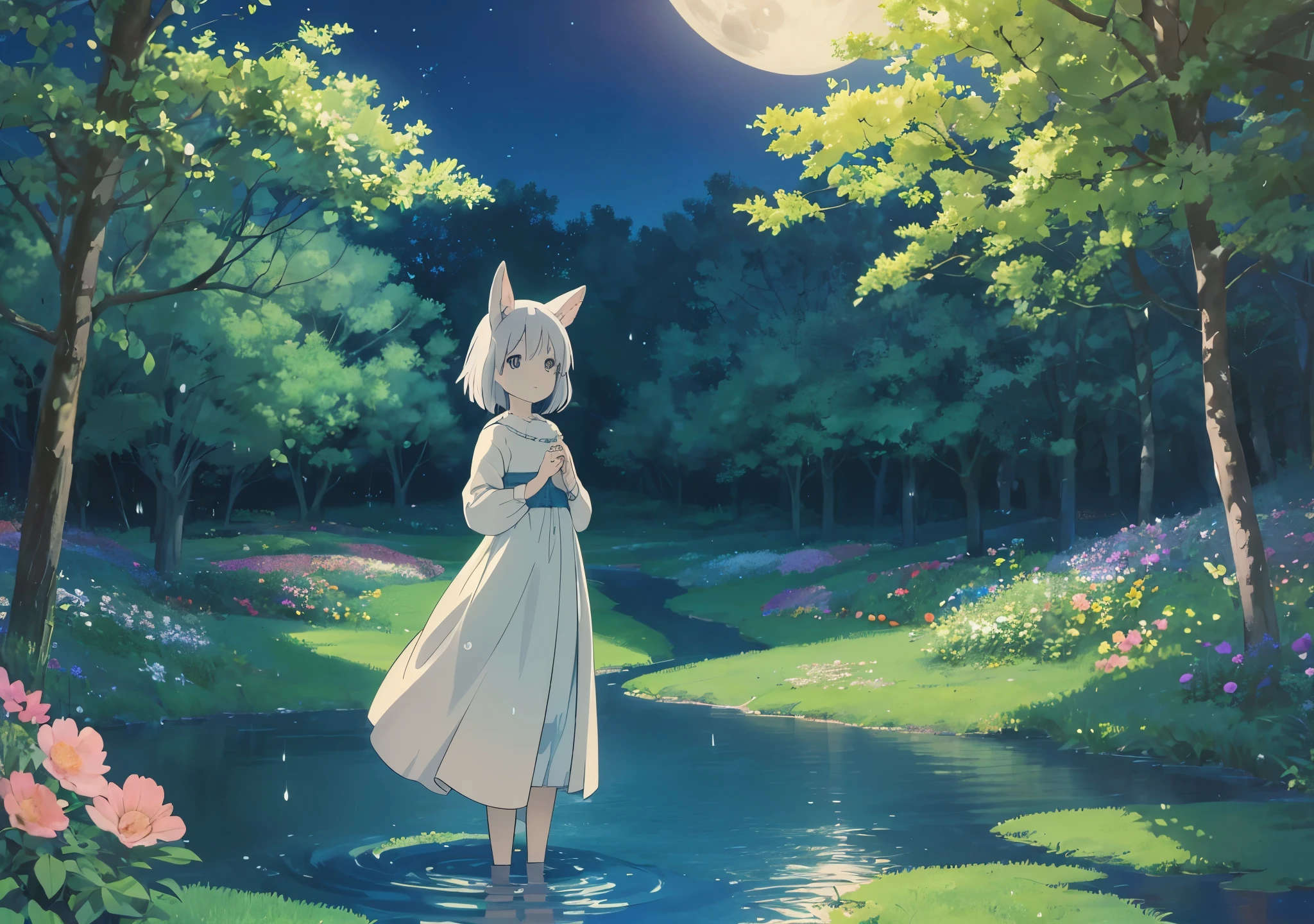StudioGhibliStyleHMC, A serene, magical forest at night, bathed in soft moonlight. Delicate raindrops fall from tree leaves, sparkling like tiny diamonds in the gentle glow of the moon. In the foreground, a rabbit sits quietly, its ears perked up, listening to the soothing sound of raindrops. Nearby, a wise owl perches on a branch, watching over the scene with gentle eyes. A mystical figure, glowing faintly, appears in the background, representing the spirit of raindrops. The atmosphere is calm, peaceful, and dreamlike, with subtle shades of blue, green, and silver. The forest is lush with trees, and the air feels calm and soothing, evoking a sense of tranquility and restfulness.”A humanoid rabbit character, standing in the magical forest at night, bathed in moonlight. The rabbit has long, soft ears and a gentle, kind expression. They are wearing a simple but elegant outfit made of soft, earth-toned fabrics, with a delicate pattern of flowers and leaves. The character’s eyes are large and curious, with a sense of innocence and wonder. They hold a small bouquet of flowers in one hand and stand poised in a thoughtful pose, reflecting the peaceful, quiet atmosphere of the forest. The colors should be gentle and warm, with pale greens, browns, and soft blues.