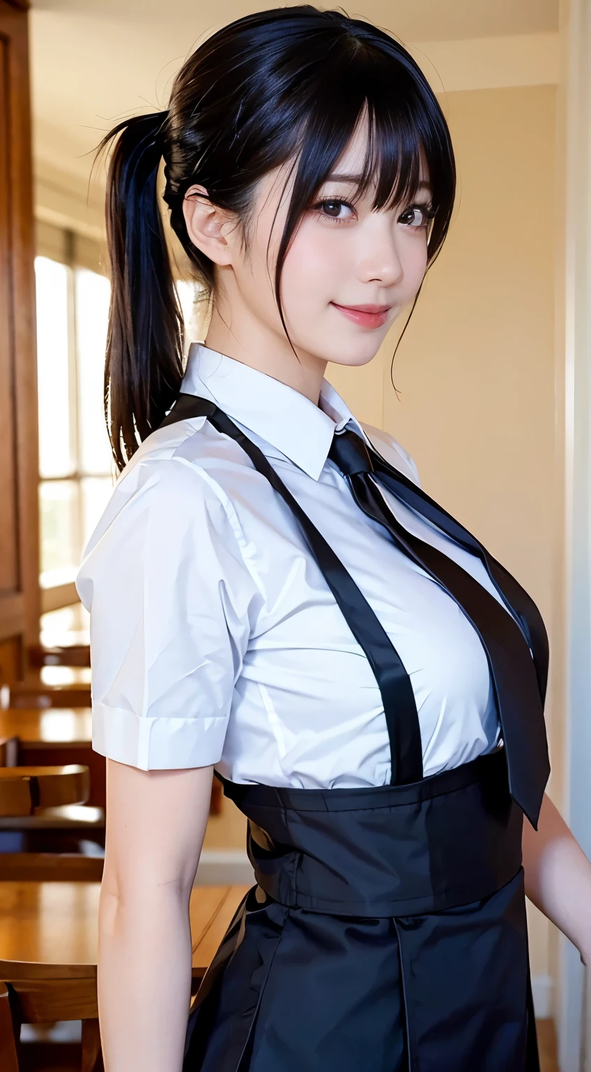 (Highest quality,masterpiece:1.3,Ultra-high resolution,),(Very detailed,Caustics),(Realistic:1.4,RAW shooting,)Ultra-Realistic Capture,Very detailed,High resolution 16k human skin closeup。 Natural skin texture、,pores、、、、It must be detailed enough to be easily identifiable。 Skin tone is even and healthy looking。 Use natural light and color,restaurant,Waitress Uniform,1 girl,Japanese,18-year-old,cute,Black-haired,ponytail,Big Breasts,smile,Turn your body forward,(Front view:1.1),Looking into the camera,Cowboy Shot,