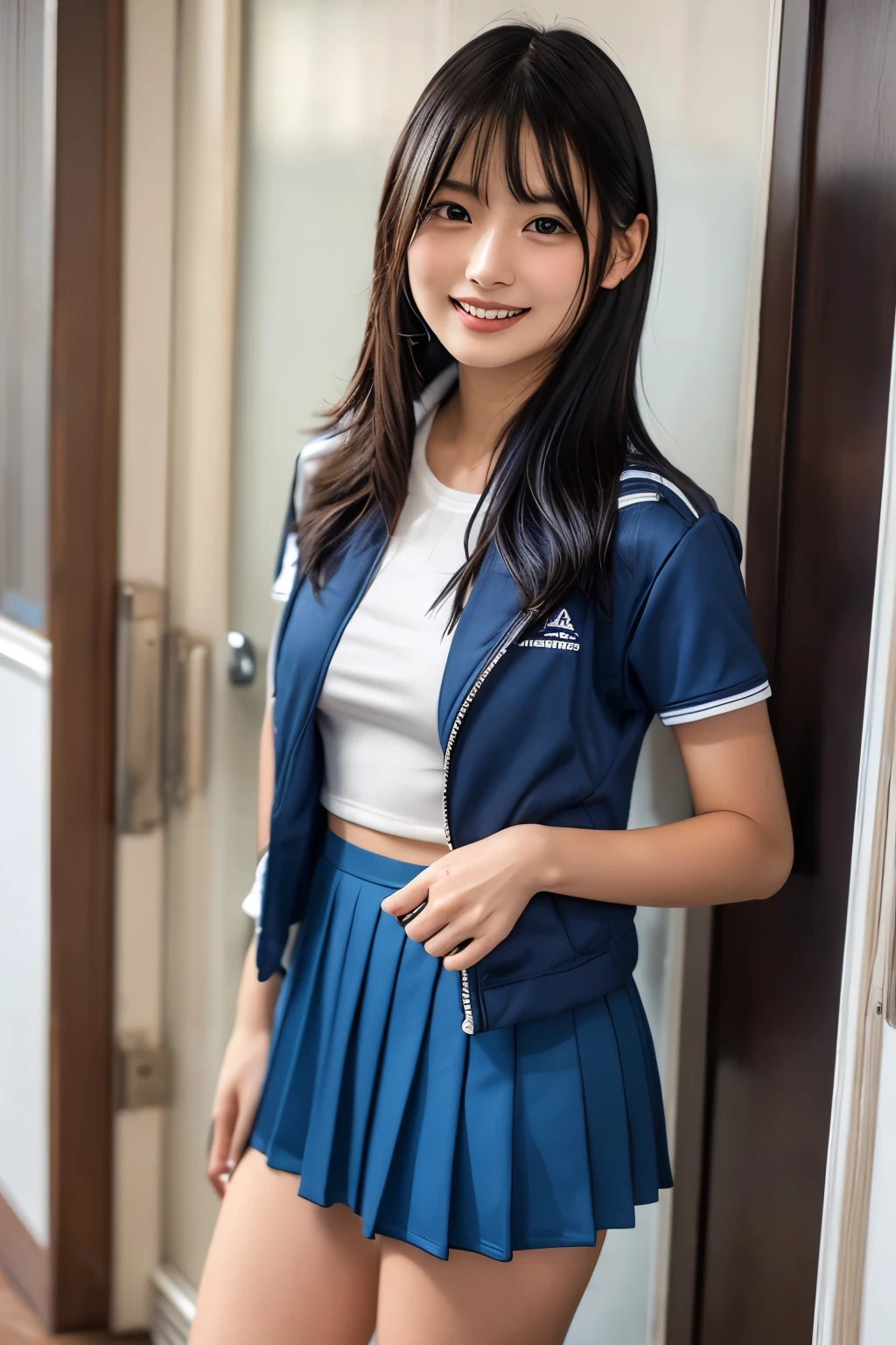 Japanese woman、Age 15、white shirt、blue jacket、dark blue pleated skirt with the front door open、miniskirt、best quality、semi-long、 dark hair、 delicate hair、 cute face、 teeth and smile、Light in the Eyes 、ultra high definition、 Soft Light 、 surreal、 gaze is a camera、 white socks、 white sports shoes 、bigger in bikinis