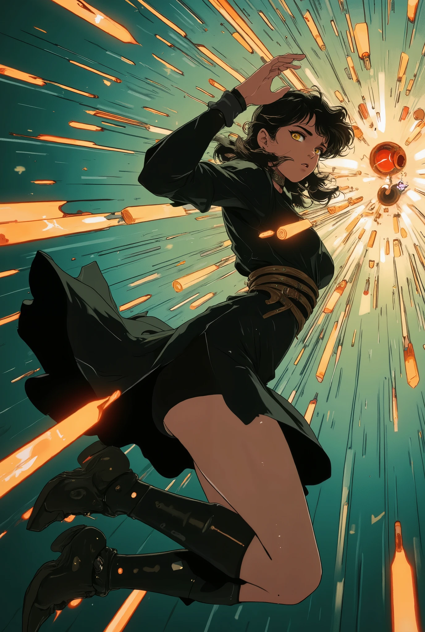 Bullet Time Dodge 、、Bullet Trails、A high-energy slow-motion action scene, extreme perspective. Bullets flying towards the viewer, distorted air trails creating depth. The female warrior dodges in a curved motion, creating a dynamic 3D effect.A dynamic slow-motion scene, a female warrior bending backward to dodge bullets. Her body arcs dramatically, her hand reaching forward as bullets graze past her face. Extreme perspective and cinematic depth.anime,anime, Black dress dress. Obi. Fluttering skirt.hand, Beautiful thighs, fingerless gloves. Female spy. Acrobatic pose.
cyberpunk,modernretroanime,anime art,Black shorts inside the skirt,hand,Perfect hand
、perspective、Bullet Trails、Distorted Air、Motion Blur, Slow Motion、Evasive Maneuver、Dramatic Lighting,