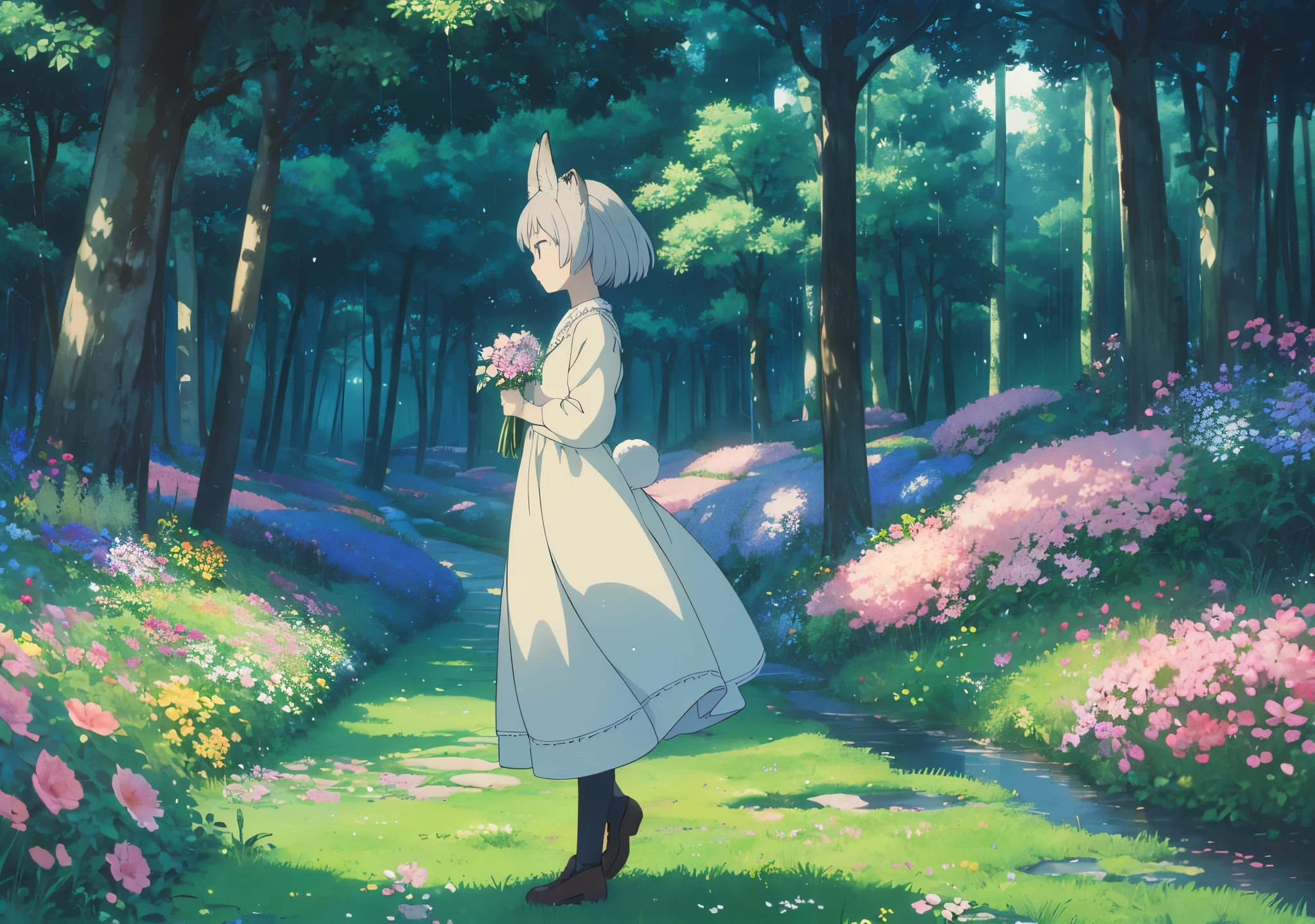 StudioGhibliStyleHMC, A serene, magical forest at night, bathed in soft moonlight. Delicate raindrops fall from tree leaves, sparkling like tiny diamonds in the gentle glow of the moon. In the foreground, a rabbit sits quietly, its ears perked up, listening to the soothing sound of raindrops. Nearby, a wise owl perches on a branch, watching over the scene with gentle eyes. A mystical figure, glowing faintly, appears in the background, representing the spirit of raindrops. The atmosphere is calm, peaceful, and dreamlike, with subtle shades of blue, green, and silver. The forest is lush with trees, and the air feels calm and soothing, evoking a sense of tranquility and restfulness.”A humanoid rabbit character, standing in the magical forest at night, bathed in moonlight. The rabbit has long, soft ears and a gentle, kind expression. They are wearing a simple but elegant outfit made of soft, earth-toned fabrics, with a delicate pattern of flowers and leaves. The character’s eyes are large and curious, with a sense of innocence and wonder. They hold a small bouquet of flowers in one hand and stand poised in a thoughtful pose, reflecting the peaceful, quiet atmosphere of the forest. The colors should be gentle and warm, with pale greens, browns, and soft blues.
