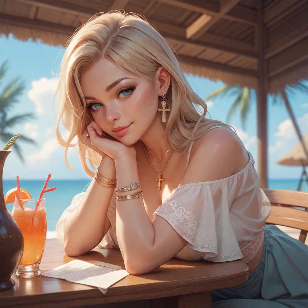 "A young woman with short, wavy blonde hair is sitting in a relaxed manner at an outdoor beach bar. Wear a light dress or summery garment that fits the warm, tropical atmosphere of the place.. Your posture is comfortable, with one leg crossed over the other while leaning gently on the back of a rustic wooden chair. In his hand, holding a refreshing cocktail with a decorative umbrella, enjoying the carefree atmosphere of the bar. The turquoise sea and palm trees can be seen in the background, and the sound of the waves accompanies the scene. The evening light bathes the place in a golden glow, reflecting on your skin and creating a warm and welcoming atmosphere. His expression is calm and smiling., enjoying the moment in this paradise corner."