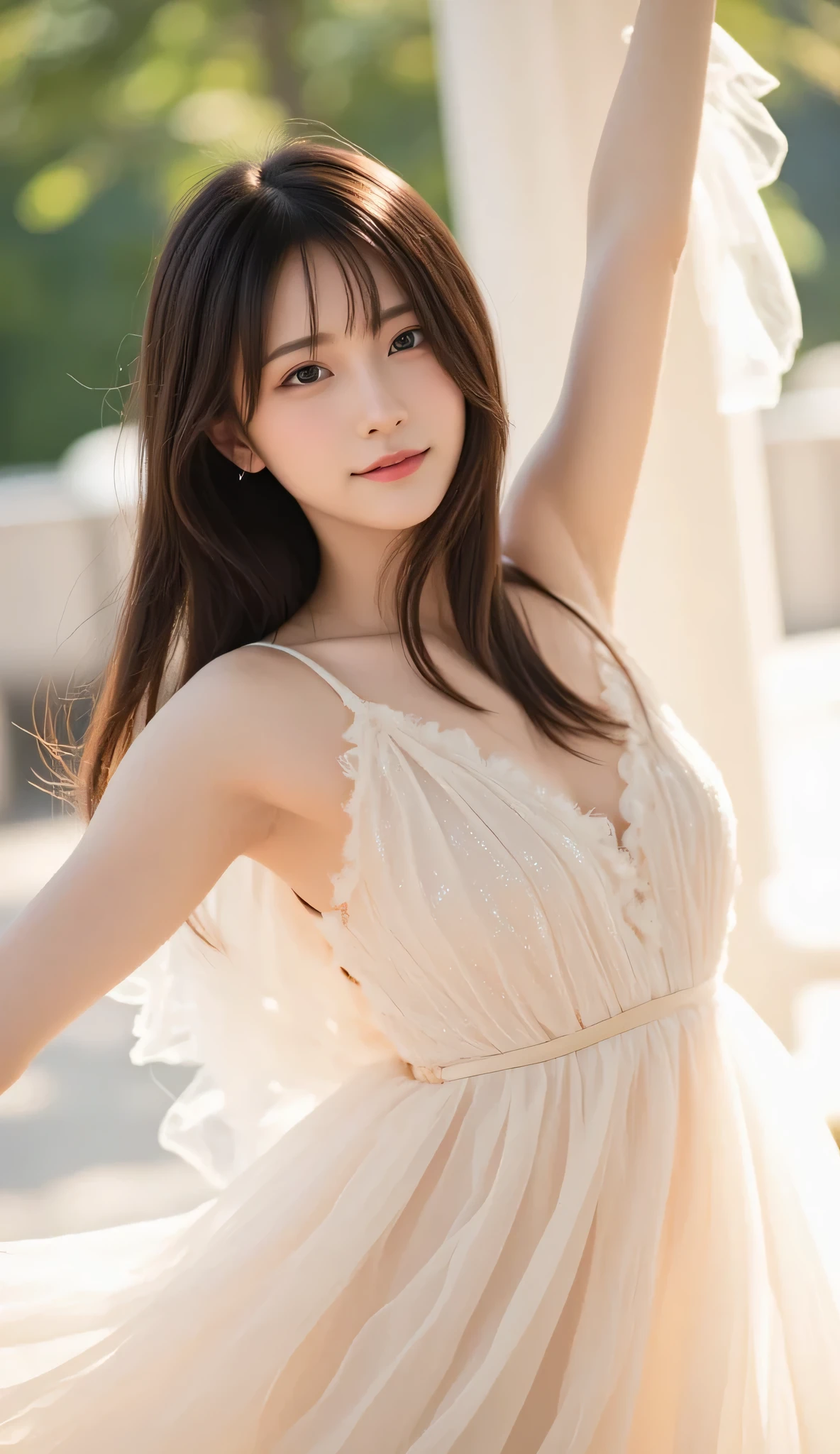 A young and beautiful Japanese woman dances gracefully in a soft cream-colored, fluffy dress. The delicate fabric flows around her as she twirls, creating a sense of lightness and elegance. Her long, dark hair cascades gently with each movement, framing her radiant smile. The dress catches the soft glow of natural light, highlighting its texture and the subtle shimmer of the fabric. Her arms are extended gracefully, and her expression is filled with joy and serenity. The background features a softly blurred, dreamy setting—perhaps a sunlit garden or a grand ballroom—enhancing the ethereal and enchanting atmosphere.