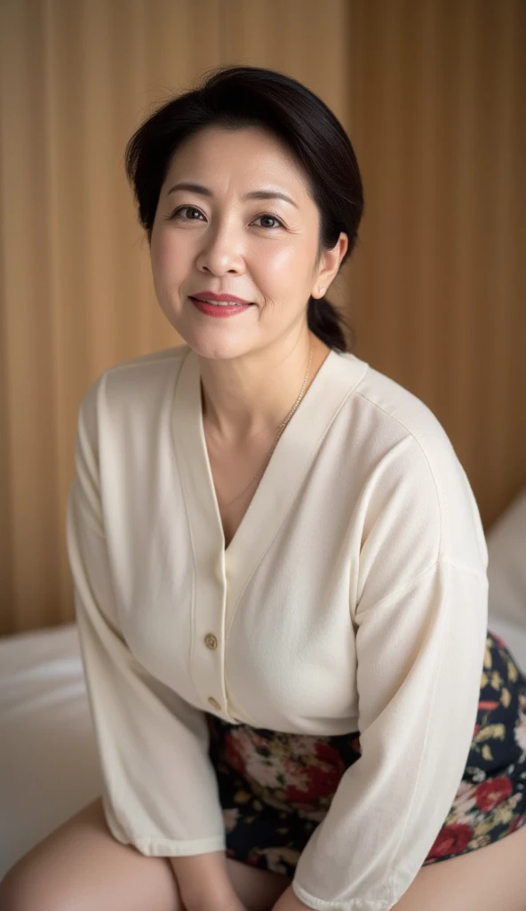 masterpiece, best quality, 16K, hotel, old woman, interior photo, shy, embarrassed, flushed, flushing, flushed cheeks, flushed face, bashful, ashamed, blushing, sitting, legs spread, looking at viewer, front view, long hair, wave hair, black hair, eyes open,(makeup:1.31), (large breasts:1.32), (wrinkles corners eyes:1.48), (nasolabial:1.48), (old skin:1.48), pale skin, freckled skin, wrinkles skin, (old muscles:1.2), plump, (undone clothing), (bathrobe), piercing, necklace, 50-year-old, old, elderly, japanese, inside, in the bedroom, with a bed, with a window, at night, real person, ultra realistic photo, nsfw, full body shot, front view, dramatic lighting