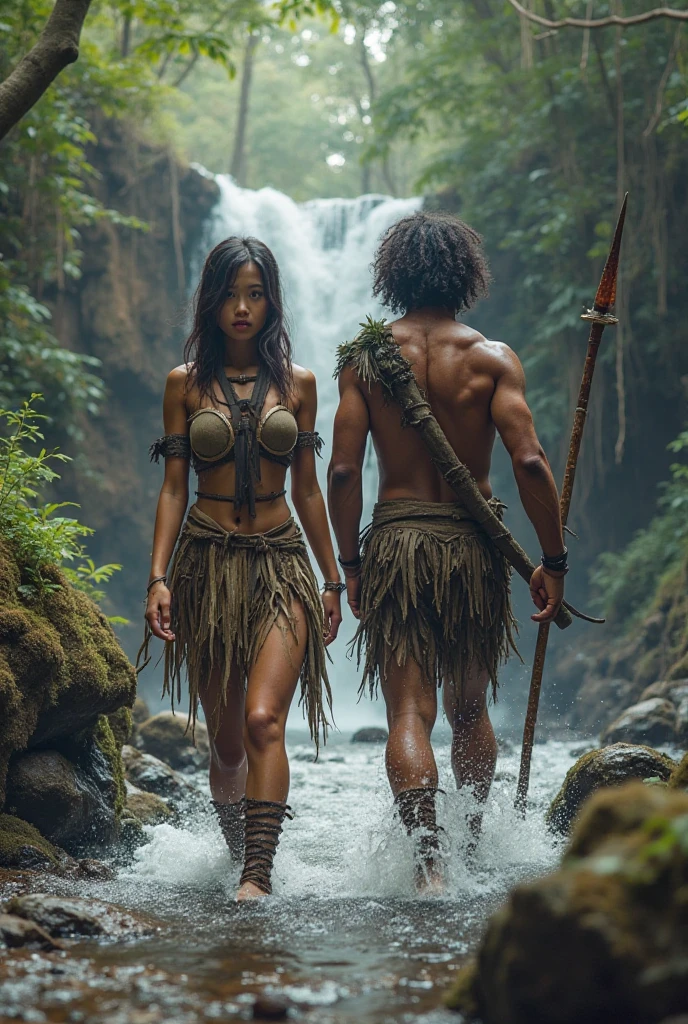 A handsome female with an extremely long orange-haired lady and light brown skin, dressed in a small green loincloth and covered in blood. Crossing a wild blood river