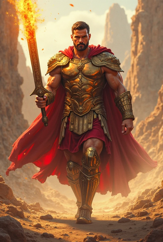 Imagine a Greek hero in the mythological era, with a muscular and imposing body, with short, well-trimmed hair. He is in a presentation pose, with a shining sword raised over his shoulder, showing confidence and bravery. Dressed in detailed, patterned golden armor, complemented by a flowing cloak, he displays a majestic look. Ao fundo, towering mountains and ancient ruins highlight the grand setting of the mythological era, as the light of the setting sun dramatically illuminates the warrior, accentuating his heroic presence and the atmosphere




