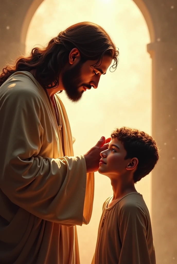 Make a 16 year old curly haired boy crying kneeling and hugging Jesus' legs
