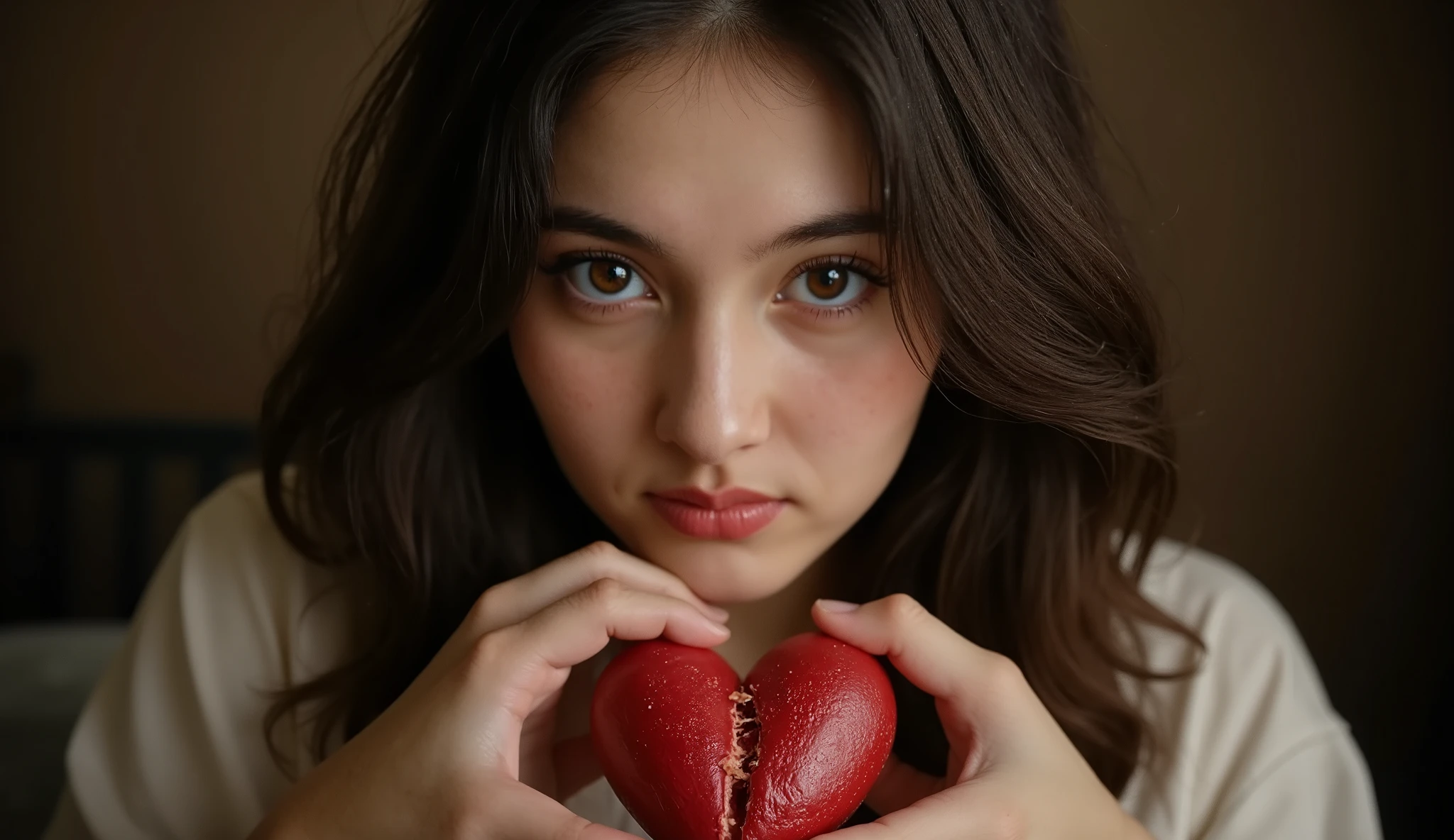 a brown-haired woman,crying,broken heart in hands,realistic portrait,dramatic lighting,emotive expression,sad eyes,detailed facial features,photorealistic skin,intricate hair strands,cinematic composition,atmospheric background,moody lighting,warm color palette,high resolution,detailed painting,masterpiece