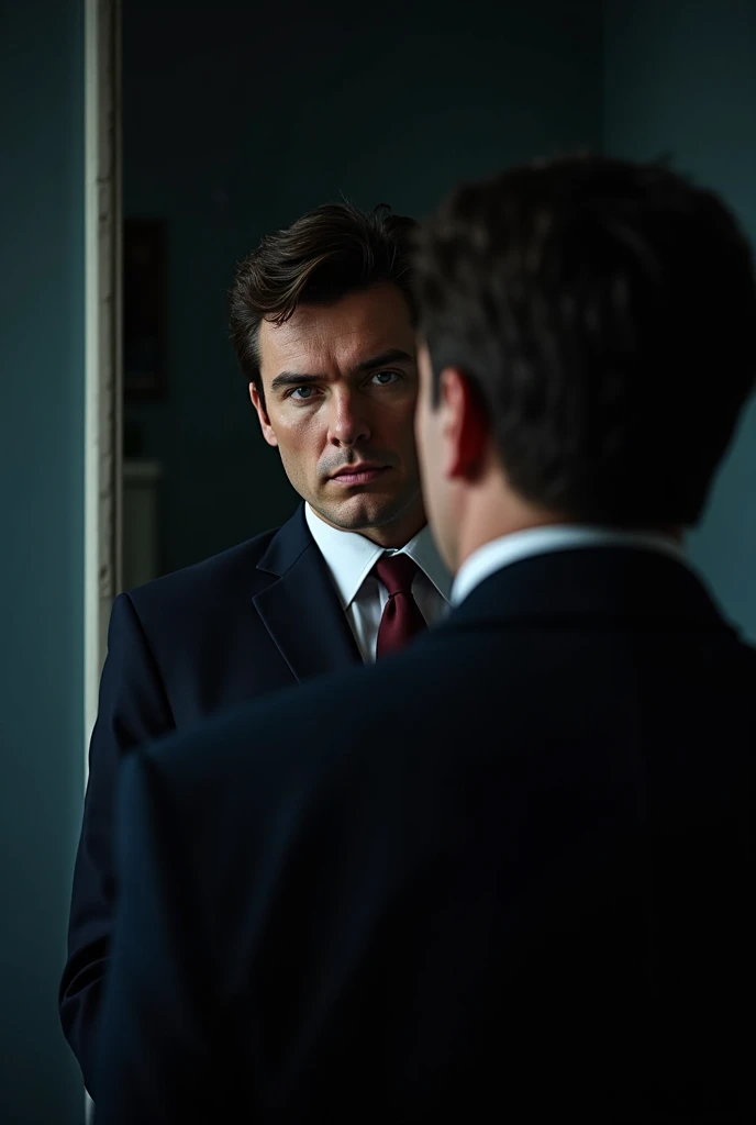 Cillian Murphy standing in front of a mirror, adjusting his costume with precision, with an intense look, symbolizing self -confidence and preparation. "**