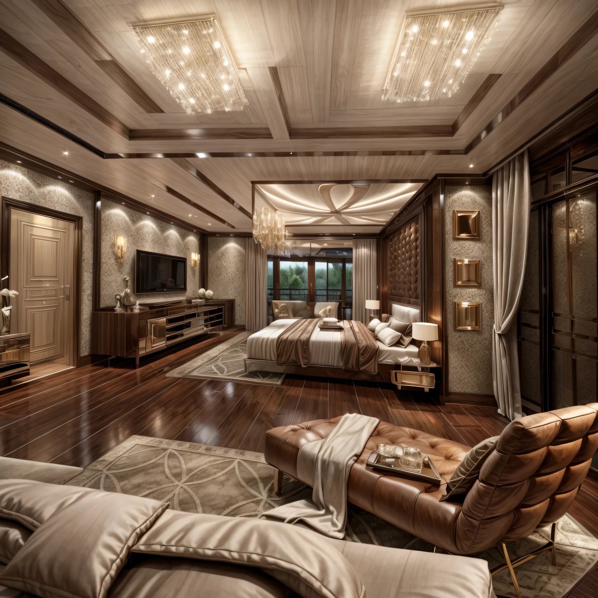 luxurybedroom,luxury, bed, rug, cozy lighting from chanderlier, (flat ceiling)