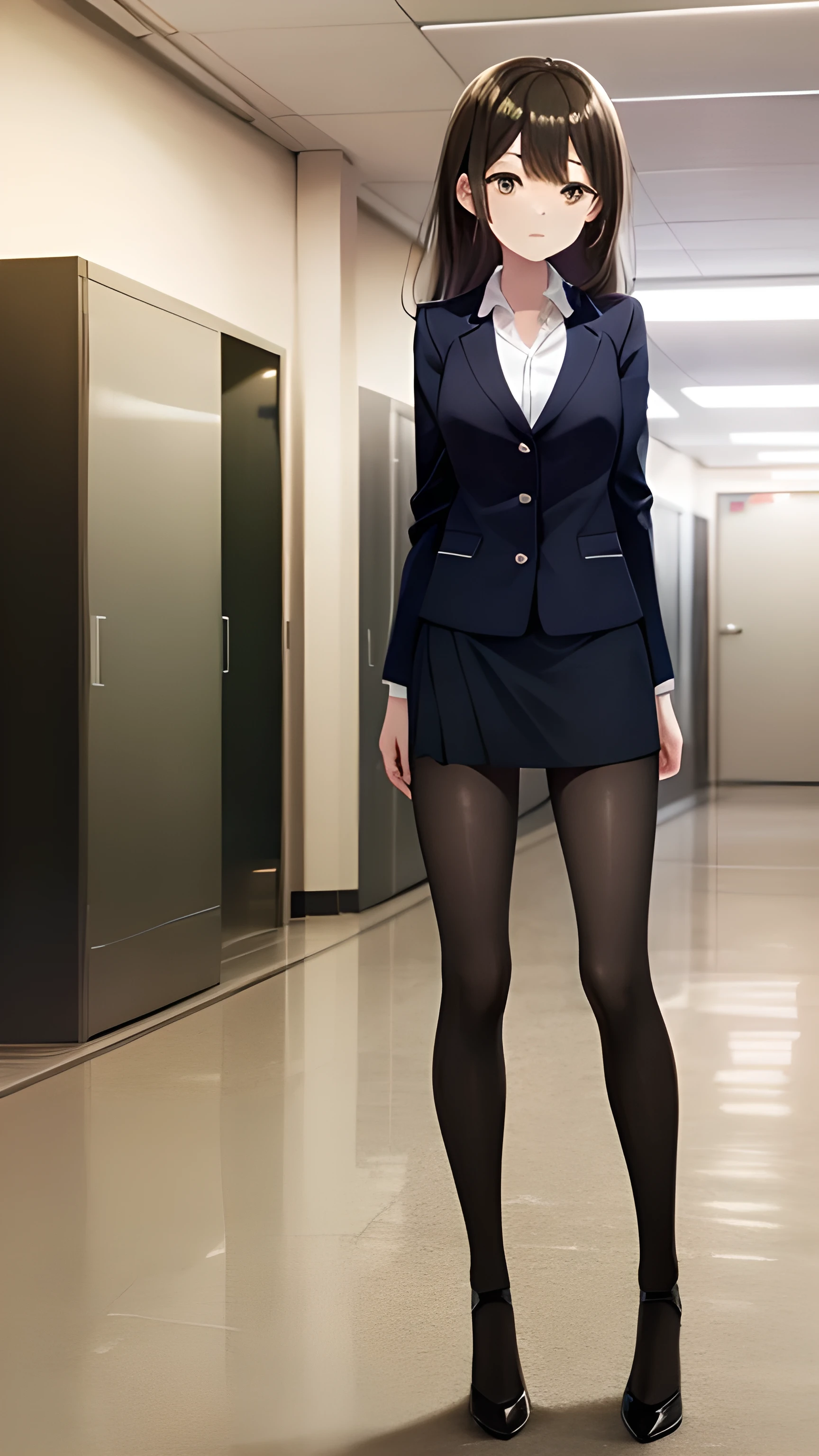 1 girl, Alone, full body shot, standing, masterpiece, best quality, great quality, very beautiful, office suit, mini tight skirt, pantyhose, high heel, high resolution, latest
