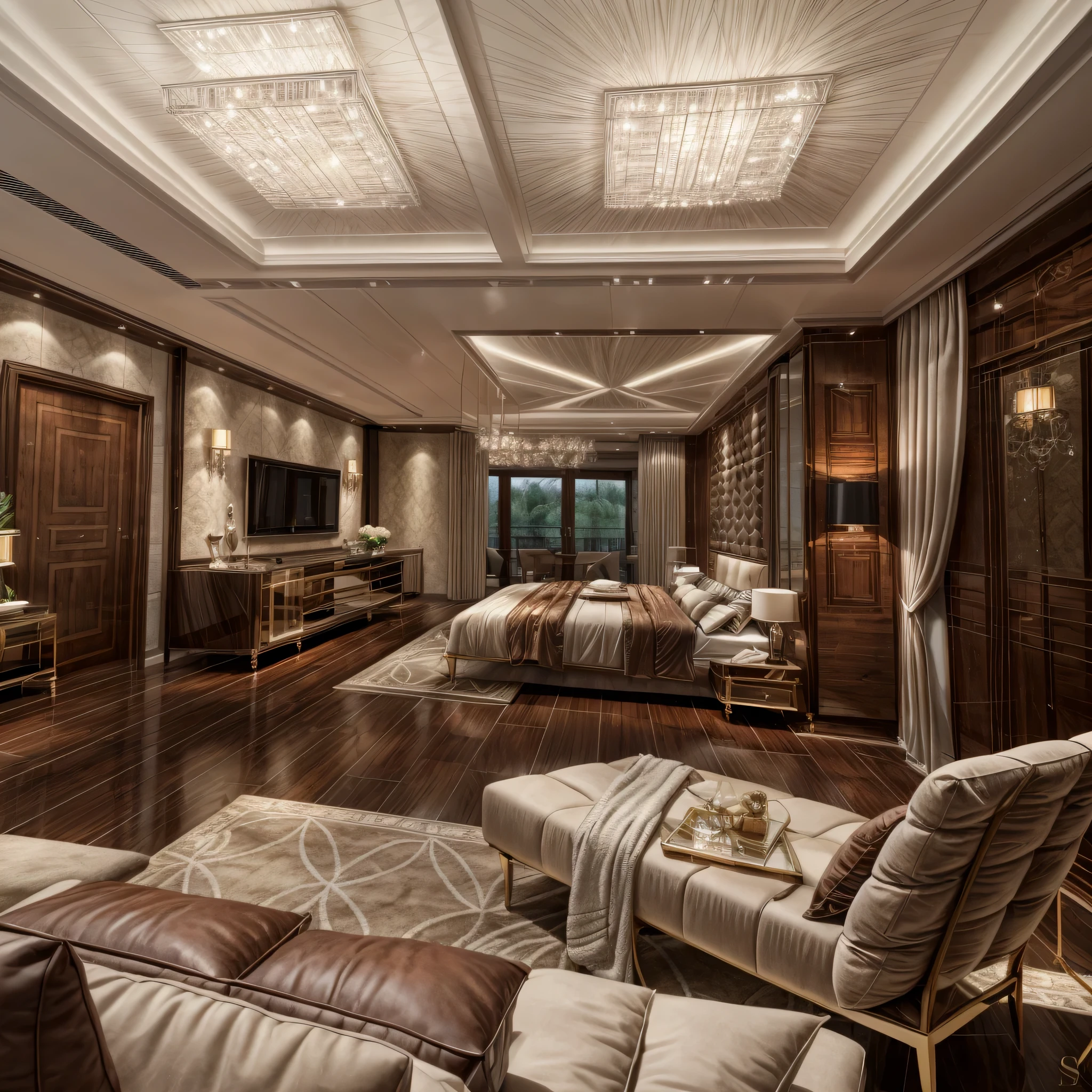 luxurybedroom,luxury, bed, rug, cozy lighting from chanderlier, (flat ceiling)