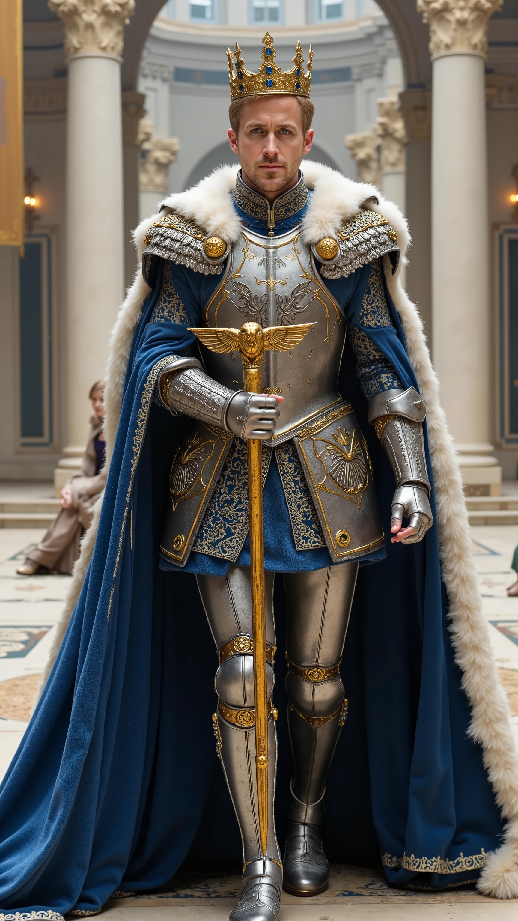 Ryan Gosling reimagined as a Medieval King walking and holding a golden scepter、dramatic atmosphere, 1 male、
Short, neatly styled golden-blonde hair, piercing blue eyes, and strong. A regal golden crown, adorned with sapphires and white diamonds, rests upon his head, featuring delicate engravings of fleur-de-lis and laurel wreaths.
He wears ultra-luxurious royal armor crafted from polished silver and gold, adorned with intricate engravings of eagles, sunbursts, and elegant filigree. His breastplate features a central crest of a crowned eagle, inlaid with sapphire and white gold accents. The pauldrons are sculpted in the shape of outstretched eagle wings, edged with platinum and adorned with diamond inlays. Draped over his shoulders is a thick, white ermine fur collar, fastened by two golden clasps shaped like sun emblems. A royal blue velvet cloak, embroidered with silver heraldic symbols and lined with silk, cascades behind him. His gauntlets and boots feature finely detailed golden filigree, with sapphire-encrusted embellishments along the seams.
In one hand, he holds a magnificent golden scepter, its shaft wrapped in delicate laurel engravings and studded with sapphires and diamonds. The top of the scepter features an ornate eagle, its wings spread wide, holding a glowing sapphire orb.
, shows his male character's full figure, athletic body, perfect face, full body, extremely beautiful, god, male shape, perfect anatomy, The background features a grand medieval palace with tall white marble columns, gold-trimmed banners, and an expansive courtyard paved with intricate mosaic patterns. Ornate fountains carved with eagle sculptures flow with crystal-clear water. The palace sits atop a hill, photorealistic, masterpiece, realistic, high contrast, 8k, HD, high definition detailed, detailed, hyper detailed, realistic skin texture, best quality, ultra high resolution, hyper realistic, no text, very detailed eyes, dramatic lighting