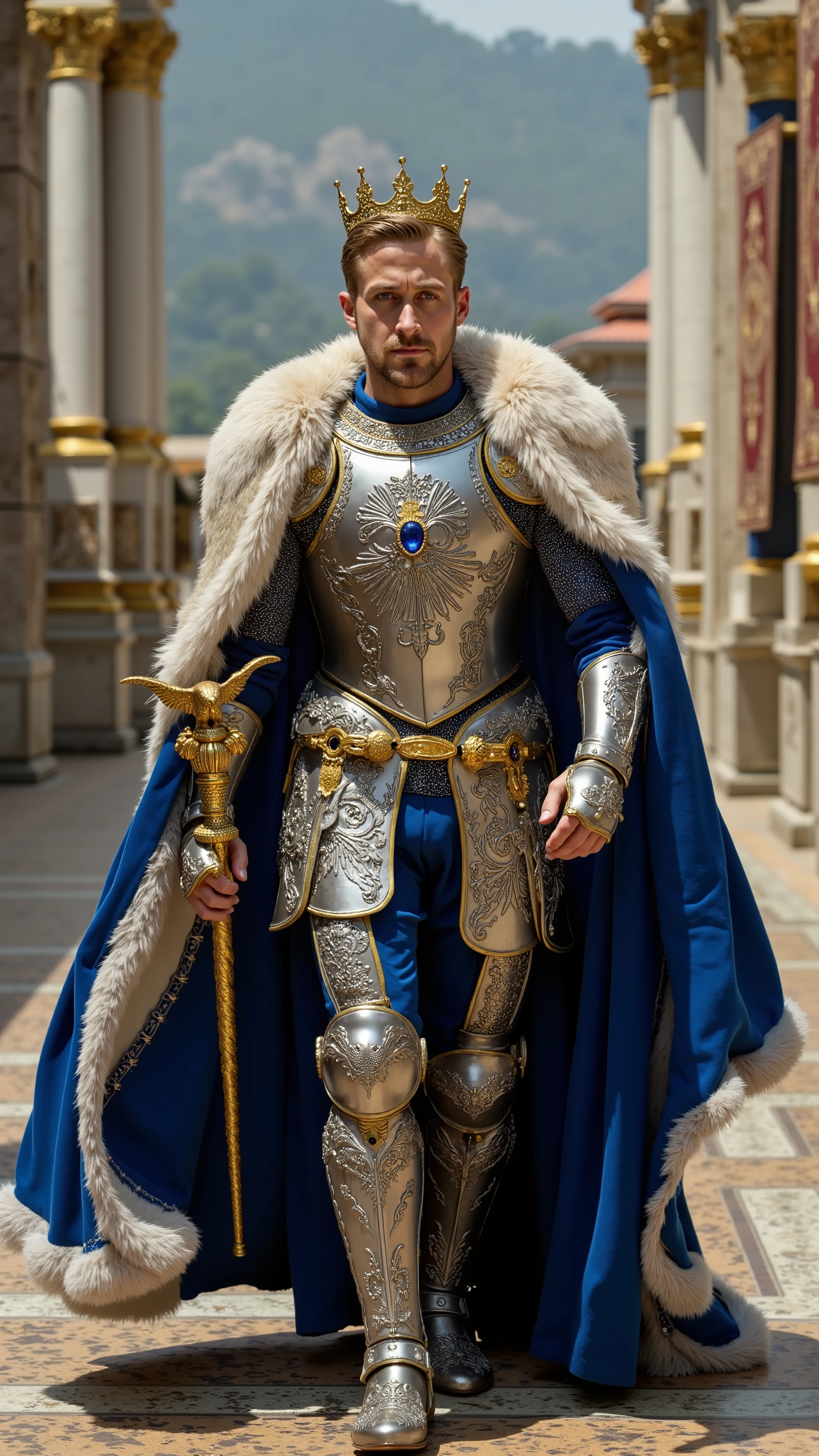 Ryan Gosling reimagined as a Medieval King walking and holding a golden scepter、dramatic atmosphere, 1 male、
Short, neatly styled golden-blonde hair, piercing blue eyes, and strong. A regal golden crown, adorned with sapphires and white diamonds, rests upon his head, featuring delicate engravings of fleur-de-lis and laurel wreaths.
He wears ultra-luxurious royal armor crafted from polished silver and gold, adorned with intricate engravings of eagles, sunbursts, and elegant filigree. His breastplate features a central crest of a crowned eagle, inlaid with sapphire and white gold accents. The pauldrons are sculpted in the shape of outstretched eagle wings, edged with platinum and adorned with diamond inlays. Draped over his shoulders is a thick, white ermine fur collar, fastened by two golden clasps shaped like sun emblems. A royal blue velvet cloak, embroidered with silver heraldic symbols and lined with silk, cascades behind him. His gauntlets and boots feature finely detailed golden filigree, with sapphire-encrusted embellishments along the seams.
In one hand, he holds a magnificent golden scepter, its shaft wrapped in delicate laurel engravings and studded with sapphires and diamonds. The top of the scepter features an ornate eagle, its wings spread wide, holding a glowing sapphire orb.
, shows his male character's full figure, athletic body, perfect face, full body, extremely beautiful, god, male shape, perfect anatomy, The background features a grand medieval palace with tall white marble columns, gold-trimmed banners, and an expansive courtyard paved with intricate mosaic patterns. Ornate fountains carved with eagle sculptures flow with crystal-clear water. The palace sits atop a hill, photorealistic, masterpiece, realistic, high contrast, 8k, HD, high definition detailed, detailed, hyper detailed, realistic skin texture, best quality, ultra high resolution, hyper realistic, no text, very detailed eyes, dramatic lighting