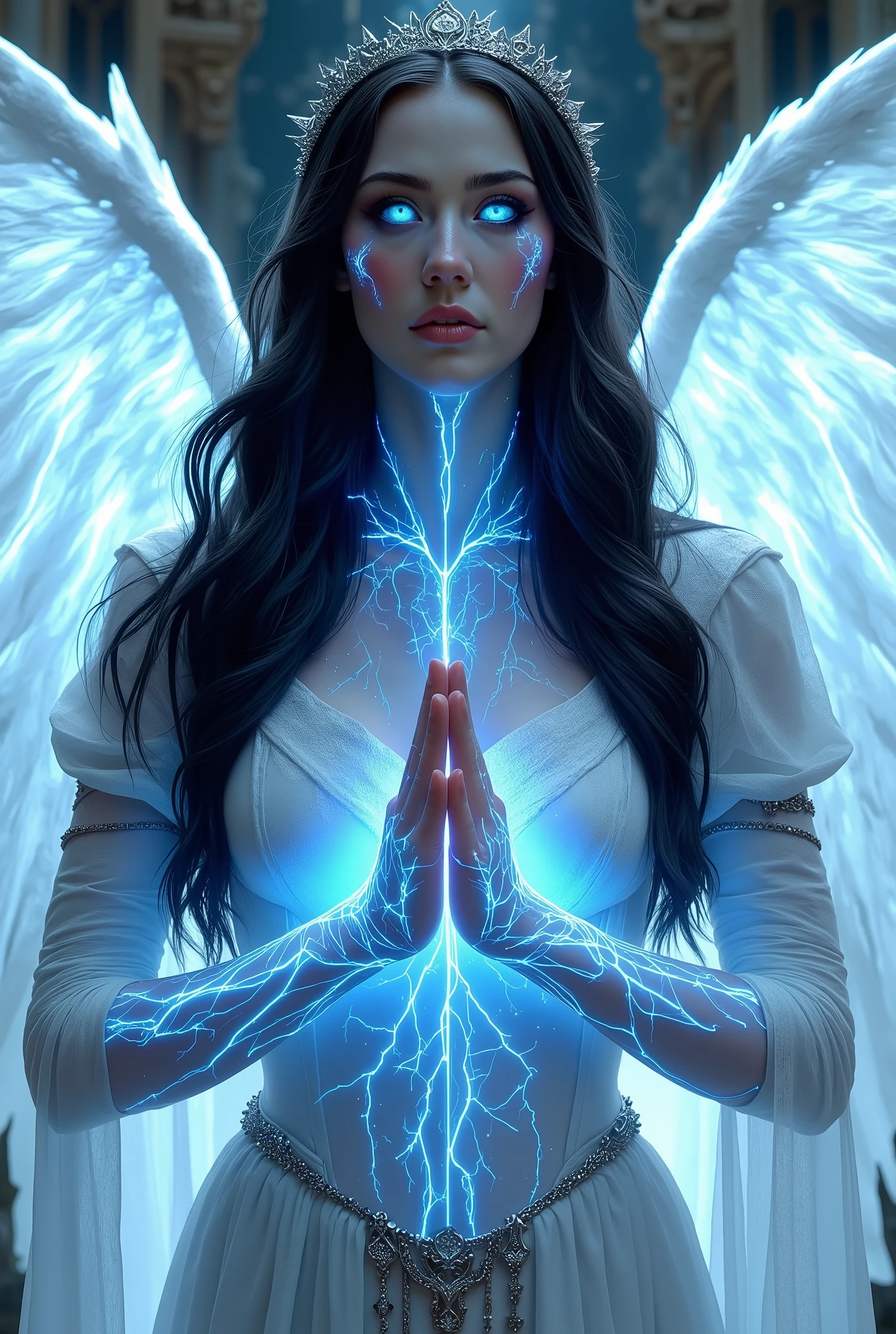 (((shining blue electric eyes))), extremely hot and beautiful angelic girl with electric white wings, (((glowing with electricity blue veins))), blue glowing veins, glowing veins, bright glowing veins, long flowing dark black hair, white pale skin with blue tattoos and markings, low white almost transparent medieval robes, gracious face, detailed fantasy portrait, exquisite mystical valkyrie, mountain temple background, silver tiara, hyperrealistic, octane render, piercing eyes, delicate features, dramatic lighting, vibrant colors, highly detailed, cinematic composition, masterpiece, 8k, upper body only, praying hands