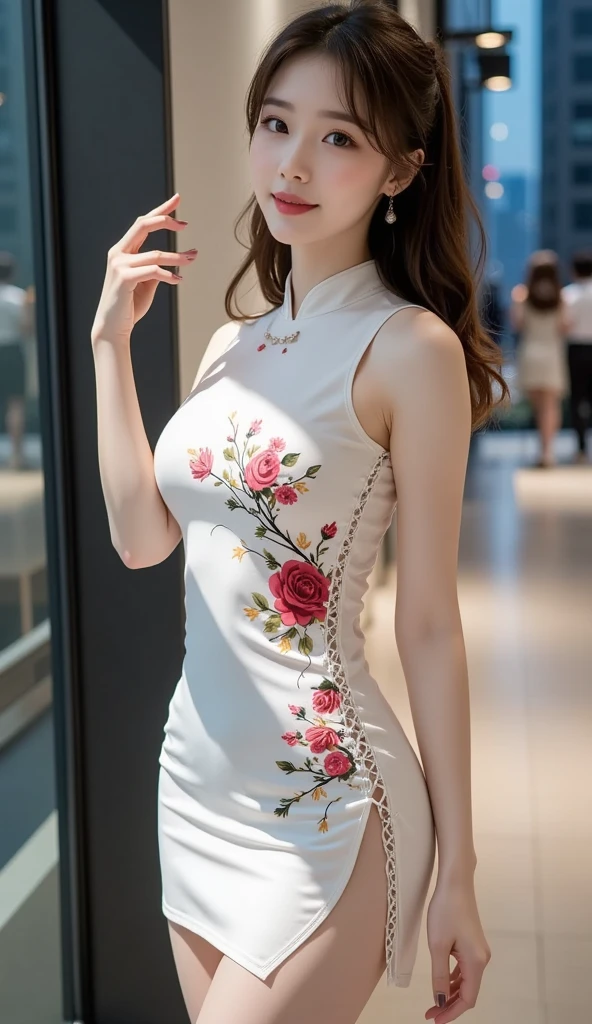 （Hyper Real）， （illustratio）， （A high resolution）， （8K）， （The is very detailed）， （Most Best Illustration）， （美丽细致的眼睛）， （best qualtiy）， （ultra - detailed）， （tmasterpiece）， （the wallpaper）， （详细的脸），white  clothes，Long cheongsam， 独奏， huge tit， （camel-toe）