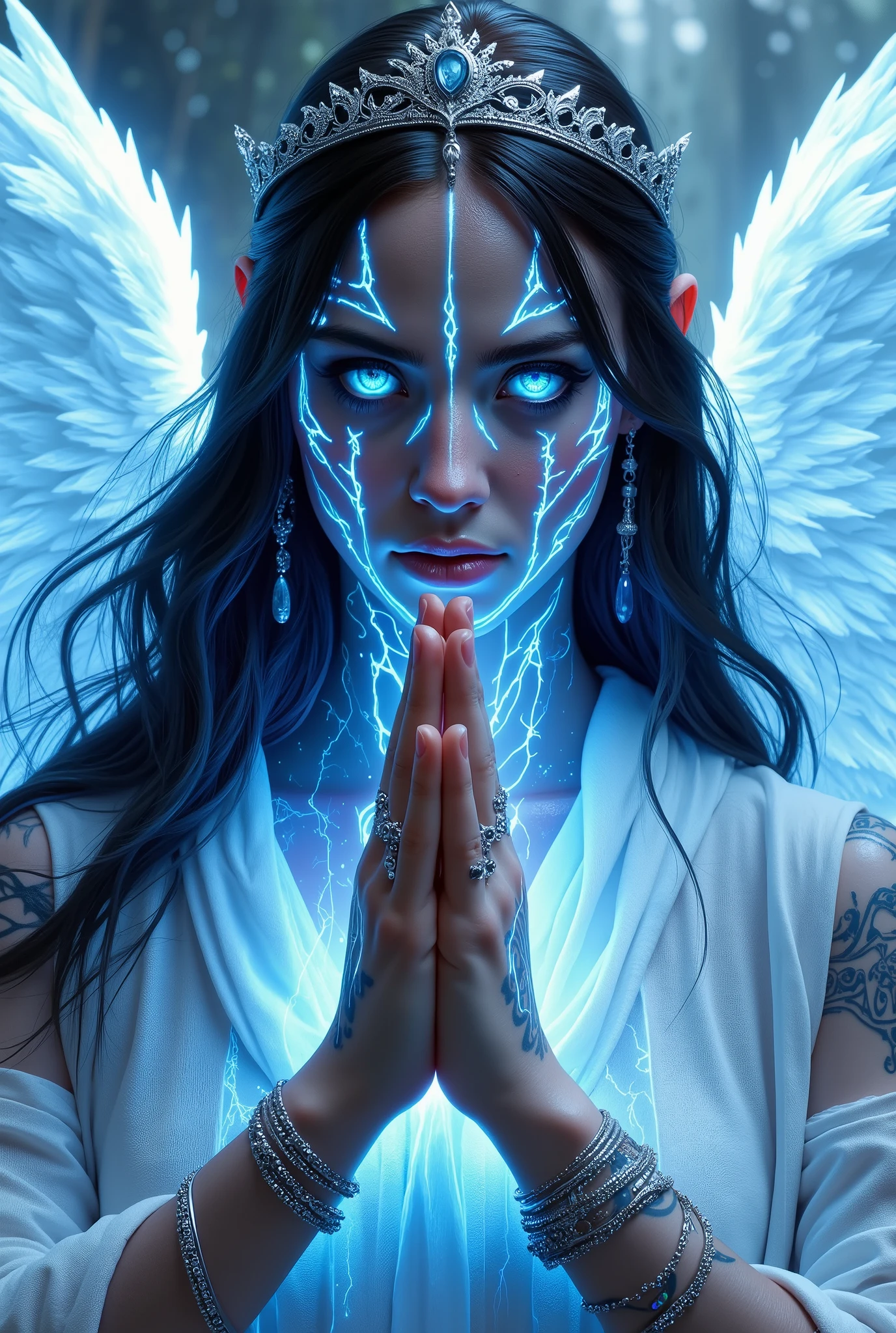 (((shining blue electric eyes))), extremely hot and beautiful angelic girl with electric white wings, (((glowing with electricity blue veins))), blue glowing veins, glowing veins, bright glowing veins, long flowing dark black hair, white pale skin with blue tattoos and markings, low white almost transparent medieval robes, gracious face, detailed fantasy portrait, exquisite mystical valkyrie, mountain temple background, silver tiara, hyperrealistic, octane render, piercing eyes, delicate features, dramatic lighting, vibrant colors, highly detailed, cinematic composition, masterpiece, 8k, upper body only, praying hands
