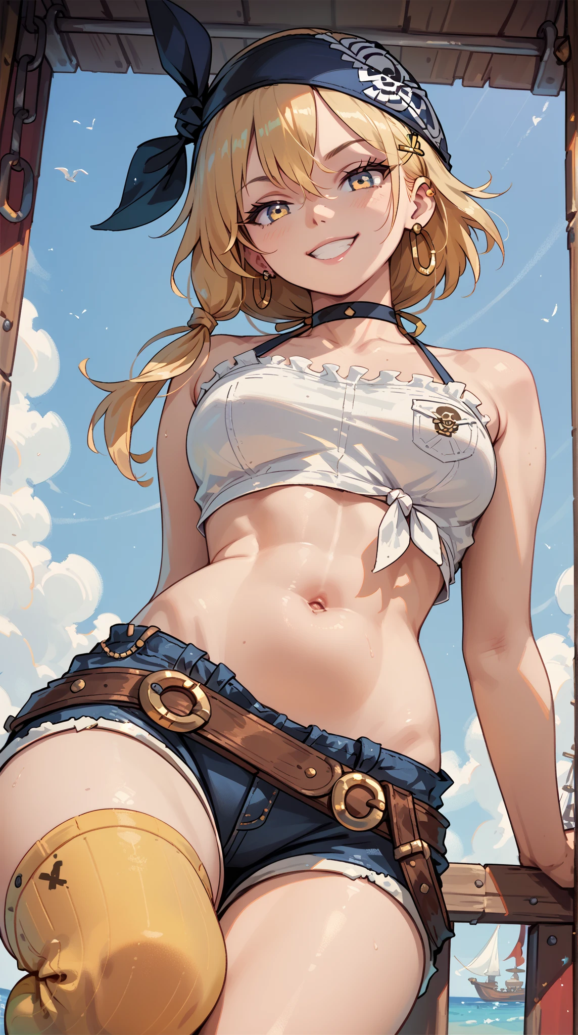 (masterpiece, best quality:1.4), looking at viewer, cowboy shot, smile, blush, rio momose, blonde hair, long hair, pink eyes, large breasts, from behind, cowboy hat, denim shorts, bikini top, outdoors, grass, mountain, <lora:rio_momose_v1:1>