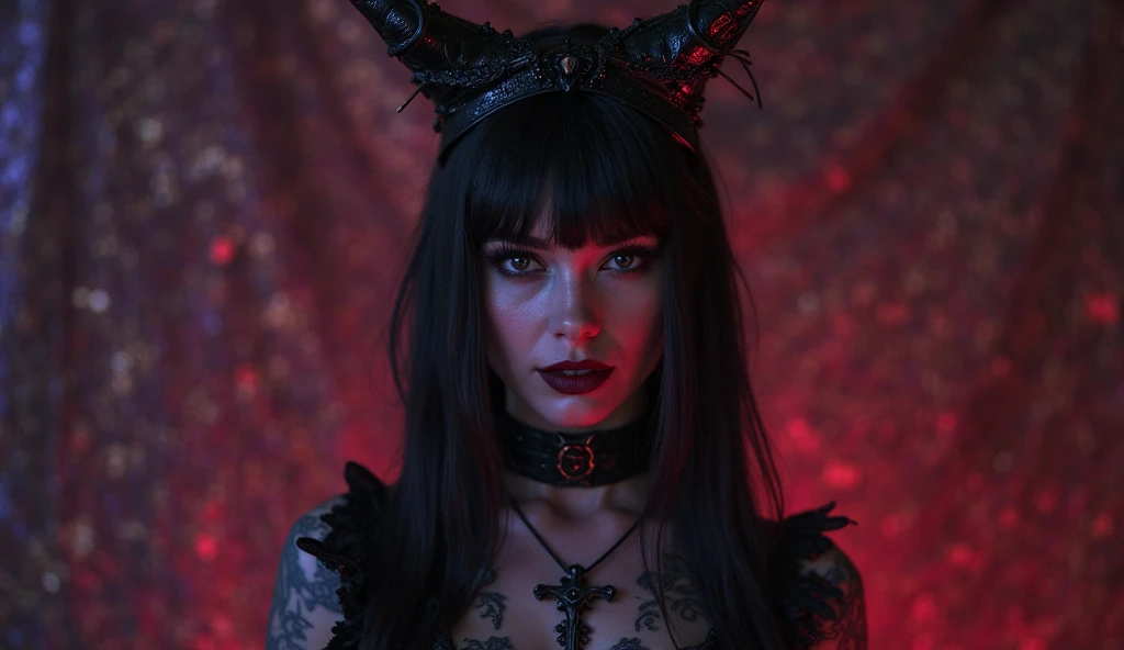 <lora:WarPaint:0.5> beautiful woman, warpaint, face paint, medium breasts, ((chains)) horns