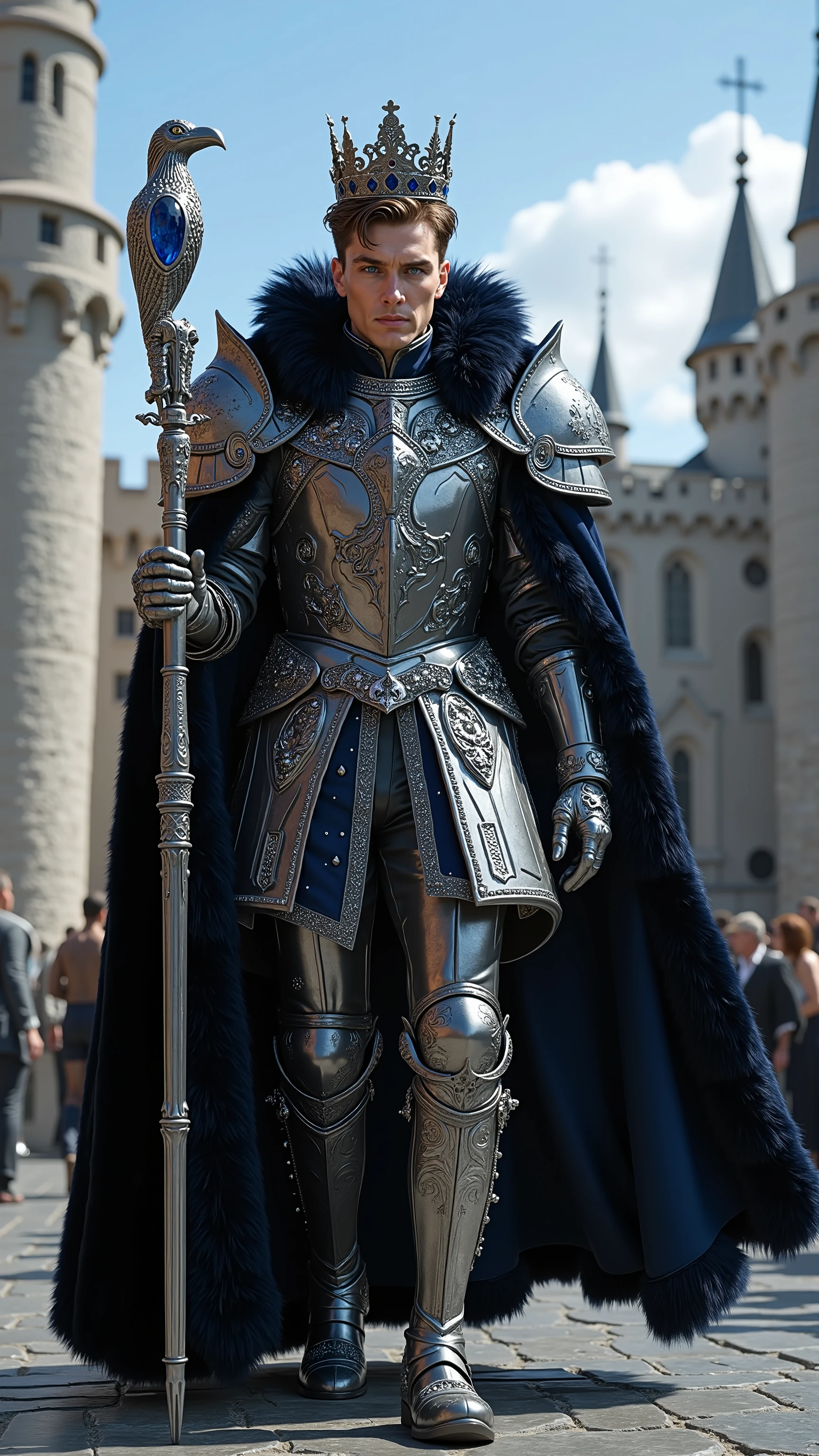Cillian Murphy reimagined as a Medieval King walking and holding a silver scepter、dramatic atmosphere, 1 male、
Short, slicked-back dark brown hair, piercing ice-blue eyes. A tall, intricate silver crown adorned with sapphires and black diamonds rests upon his head.
He wears ultra-luxurious royal armor crafted from polished silver and deep midnight-blue metal, adorned with engravings of ravens, celestial constellations, and baroque filigree. His breastplate features a central crest of a crowned raven, inlaid with black onyx and sapphire gemstones. The pauldrons are sculpted in the shape of sweeping raven wings, edged with platinum and adorned with small diamond inlays. Draped over his shoulders is a thick, black fox-fur collar, fastened by two silver clasps in the shape of intertwined swords. A deep midnight-blue velvet cloak, embroidered with silver arcane symbols and encrusted with tiny sapphires, cascades behind him. His gauntlets and boots are detailed with gothic arches and sharp silver embellishments, set with black diamonds along the seams.
In one hand, he holds an ornate silver scepter, its shaft wrapped in delicate, swirling engravings of night skies and gothic towers. The top of the scepter is crowned with a large, polished sapphire encased in elaborate silver metalwork, surrounded by smaller black diamonds and deep blue topaz inlays.
, shows his male character's full figure, athletic body, perfect face, full body, extremely beautiful, god, male shape, perfect anatomy, The background features a towering medieval castle built from white grey stone, surrounded by high walls with silver banners flowing in the wind. Gothic spires rise into a blue sky. The castle courtyard is paved with polished black stone, sunny day, photorealistic, masterpiece, realistic, high contrast, 8k, HD, high definition detailed, detailed, hyper detailed, realistic skin texture, best quality, ultra high resolution, hyper realistic, no text, very detailed eyes, dramatic lighting
