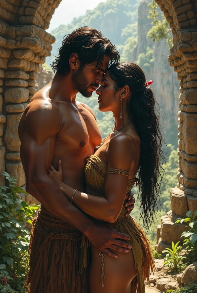 Cuddling Couple, Barbara Mori, completely naked, young, beautiful, large breasts, tall, standing in a forest, front view, dark brown flowing hair, big smile, and , Rithik roshan, robust, shirtless, dhoti, holding her, full body, rear view, head to toe, full light on face, photorealistic, High resolution