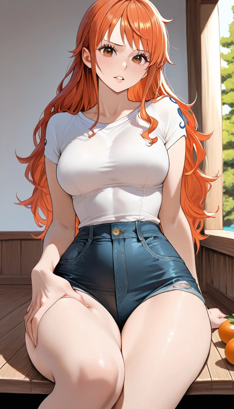 1girl, anime girl, anime, girl, 2d girl, 18y, (fullbody), standing, green eyes, smiling, blush, (long hair, single ponytail, red hair), ((blouse)), Solo, big , big breasts, sfw, Tight Shorts, low waist shorts, upshorts, from below, the city background, flowers, afternoon sky, looking at viewer, darker shadows, (((sexy))), (((shorts))), (((absurdres))), (((thigh gap))), cameltoe, (((cameltoe))), (((cleft of venus))), (((lowleg shorts))),