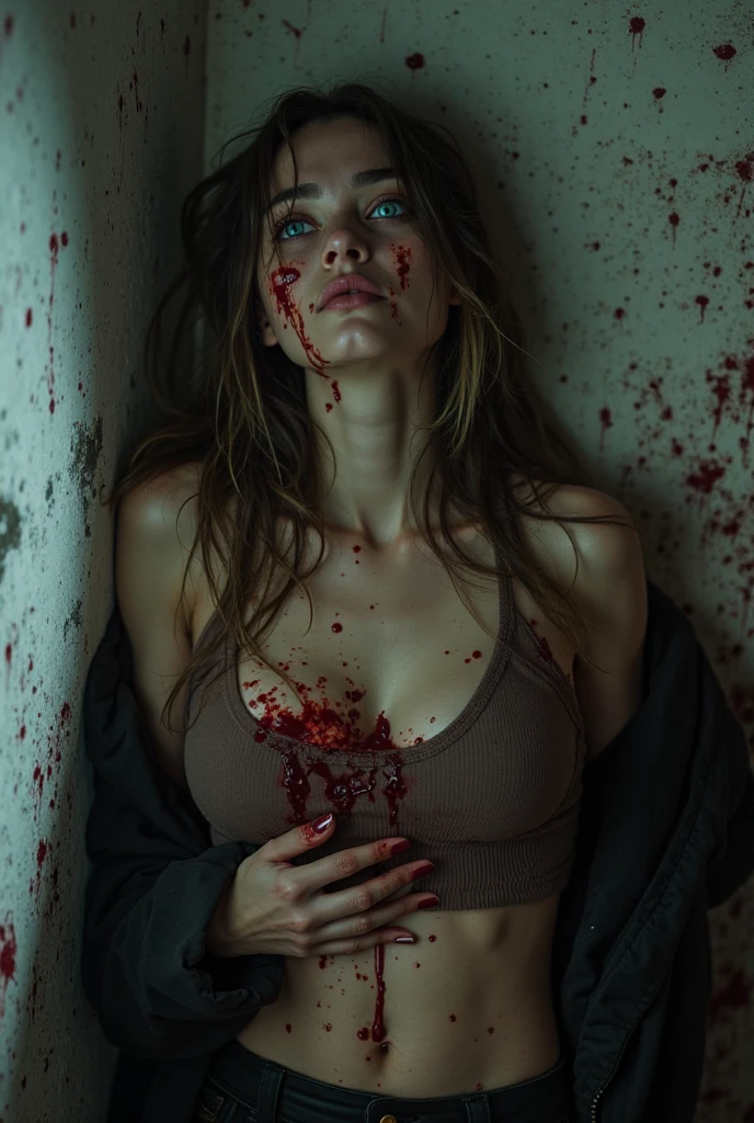 Women, Brown hair, green eyes, lying on the floor, beaten, wounds en la cara, purple eyes, blood, cara pain, pain, room with a lot of papers and things on the floor, disorder, pain, wounds, blood, , ultra realistic, realistic photo, HD, 4k, Photorealism