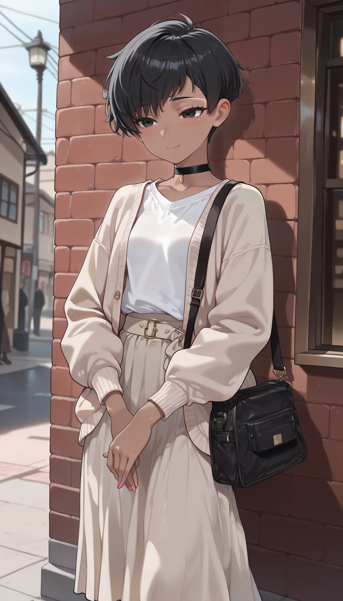 (top quality), ( more), ( best picture ), (걸작), detail line art, anime style, Vivid Color, Beautiful, handsome Anglo-Saxon woman,  sharp jawline ,  perfect body ratio, Very small head, very small face, IDEAL PROFIT BODY PROFIT, perfect body, perfect style, Perfect balance, Delicate Facial Features, BEAUTIFUL AND DETAILED WOMAN,  VERY DETAILED eyes and face , ( tanned skin) , , ( beige thin cardigan , white long sleeve polar t-shirt , Beige long skirt ), (( bright black eyes )), realistic beautiful face, realistic beautiful eyes, slender, ((very short black pixie cut)), ((Detailed fabric texture)), feet out of frame, The front , She's looking at me. nighttime, blush, with a shy expression. Very light pink nails.  black choker. is carrying an orange eco bag on the street in Korea. Outdoor, Streets of Korea. light smile.