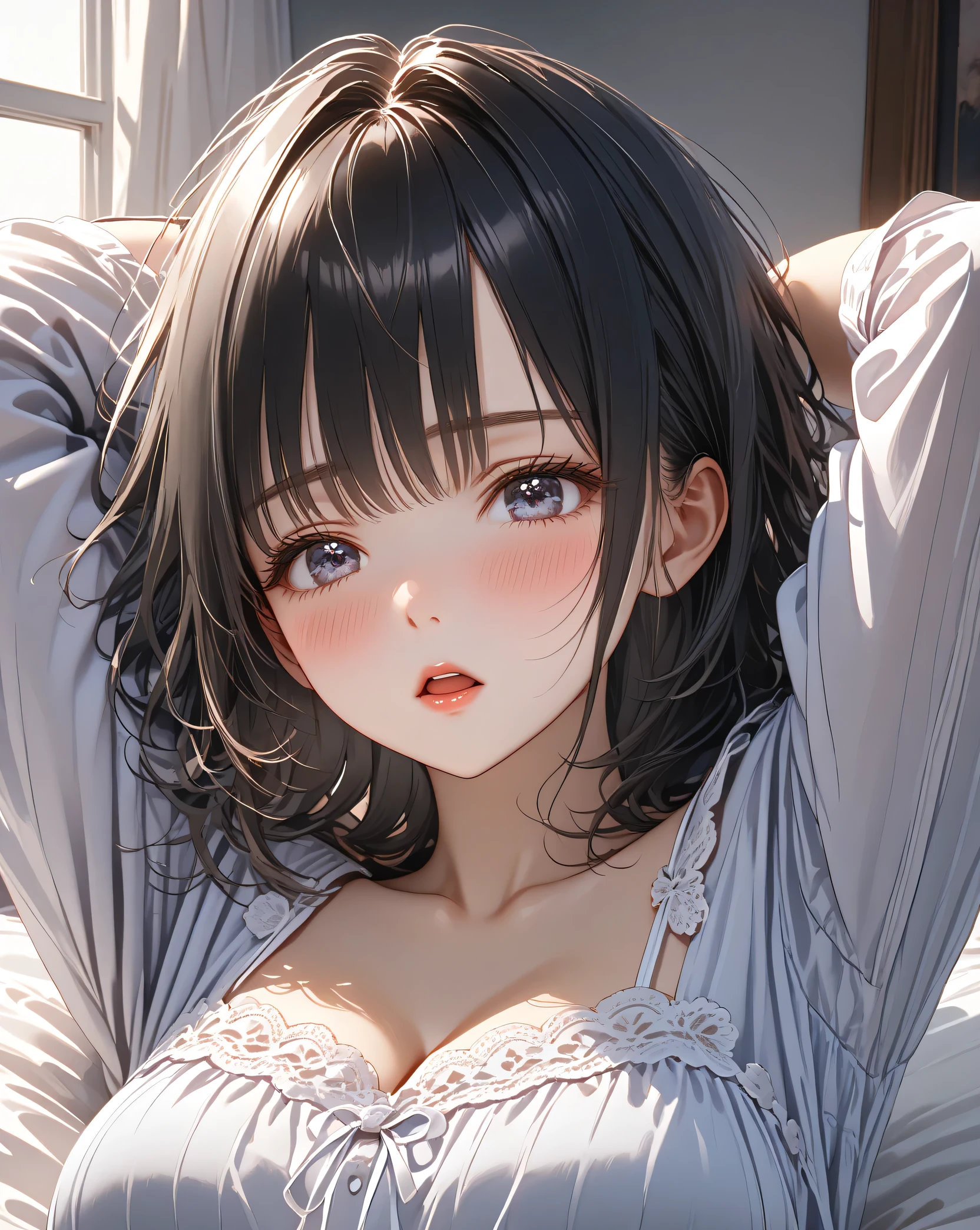 (Best quality, 8k, 32k, Masterpiece, UHD,:1.2),RAW, 1girl,ultra cute , natural lighting,transparent shining eyes, 20yo ,fair complexion,blush, open mouth, laugh, cosy sweater on, ((Closeup shot)), medium breast
